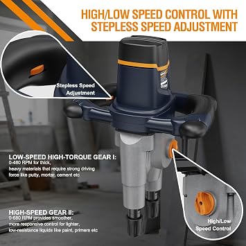 MAXXT 15A Double-Paddle Electric Cement Mixer - Handheld Concrete/Mud Mixer with Soft Start, Stepless Speed Control Paint Mixer for Mixing Cement, Paint, Mortar, Glue, with 2 Mixing Paddles