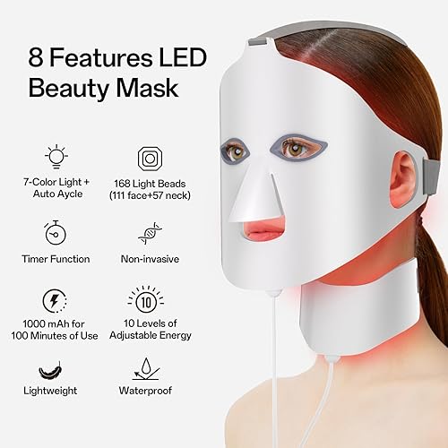 Red Light Mask for Face and Neck - 7 Colors Red Light Mask, Facial Skin Care Device, Portable, Rechargeable and Ergonomic Design for Home