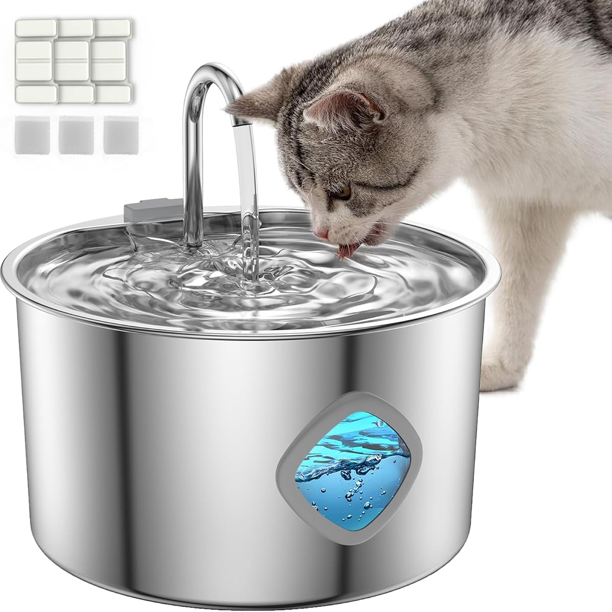 Fuente de agua para gatos de acero inoxidable [3,2 L/108 oz] Dispensador de agua automático de gran capacidad para gatos en interiores con kit de 3 filtros, ventana LED de nivel de agua, fácil de limpiar, ideal para gatos, perros, hogar con múltiples mascotas