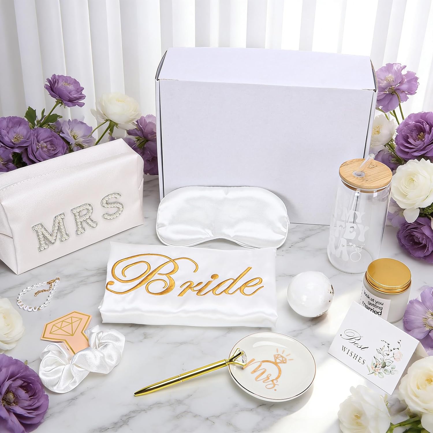 VZCBZC 12PCS Bridal Shower Gift, Bride to Be Gift for Wedding Day Bachelorette Gifts for Bride with Robe Cup Candle Jewelry Accessories