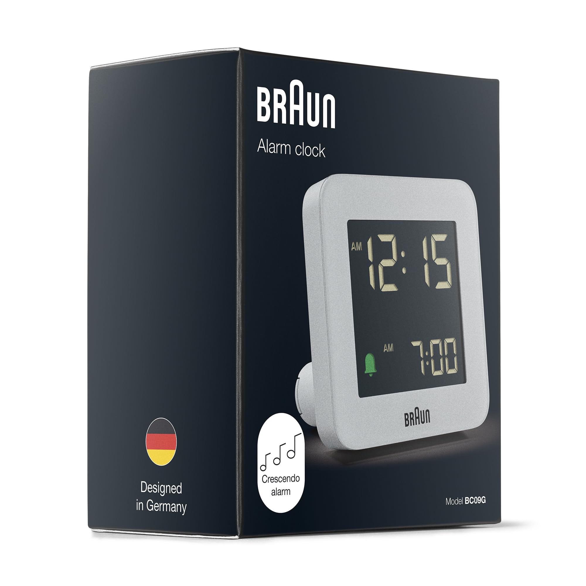 Braun Digitaler Wecker mit Schlummerfunktion, negativem LCD-Display, Schnelleinstellung und anschwellendem Alarm-Piepton in Grau, Modell BC09G.