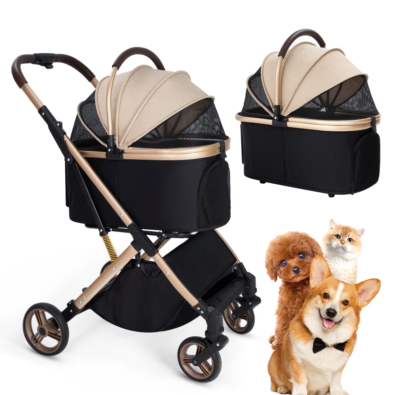 3 in 1 Multifunctional Pet Stroller with Detachable Travel Carrier,Zip Large Space Aluminum Dog Stroller for Small/Medium Dog/Cats up to 44 LBS,One-Touch Foldable Cat Strollers for 2 Cats (Khaki)