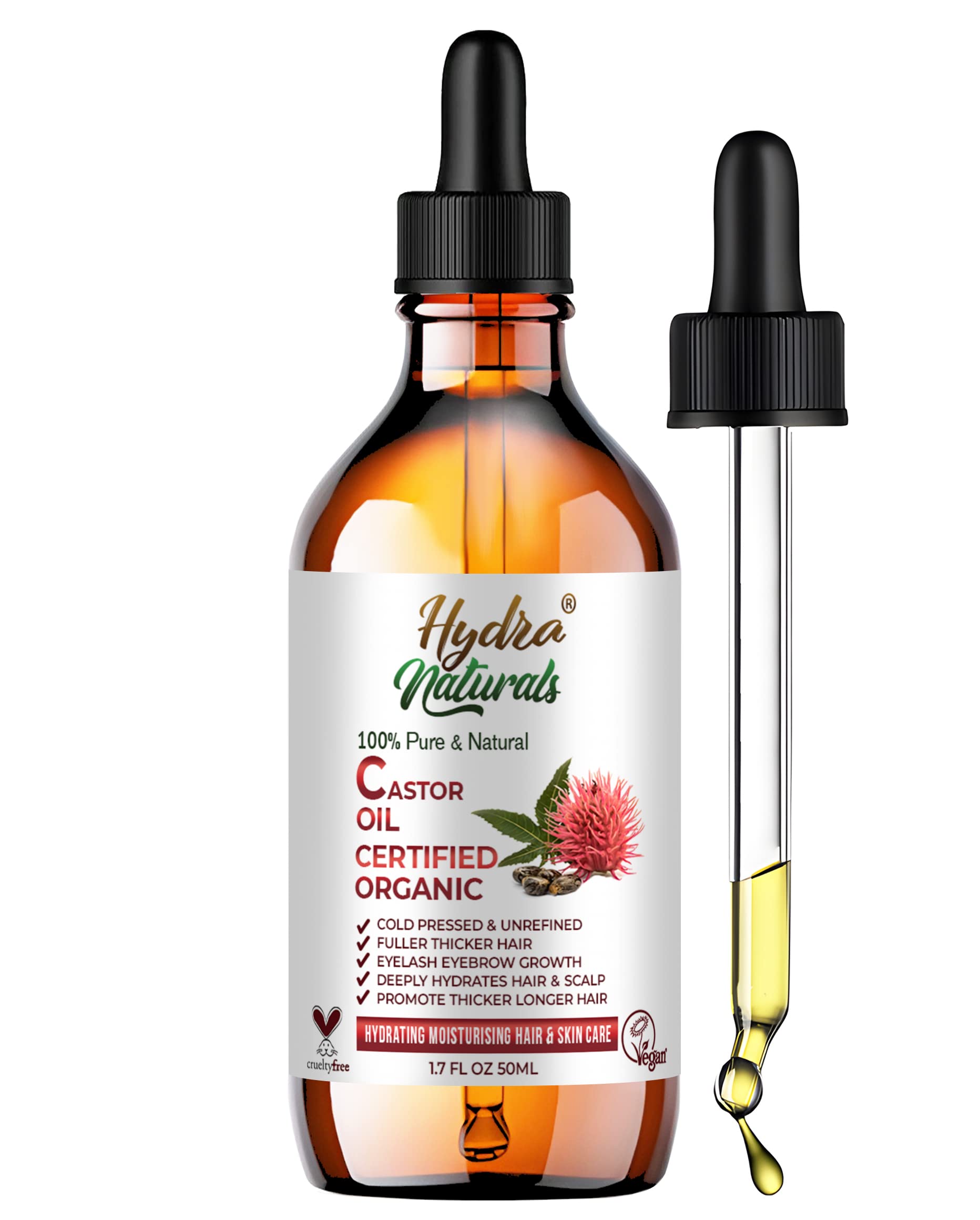 100% Pure - Cold Pressed, Premium Quality, Organic Castor Oil 50ml - Promotes Hair, Eyebrow and Eyelash Growth - Diminishes Wrinkles and Signs of Aging - Hydrates and Nourishes Skin