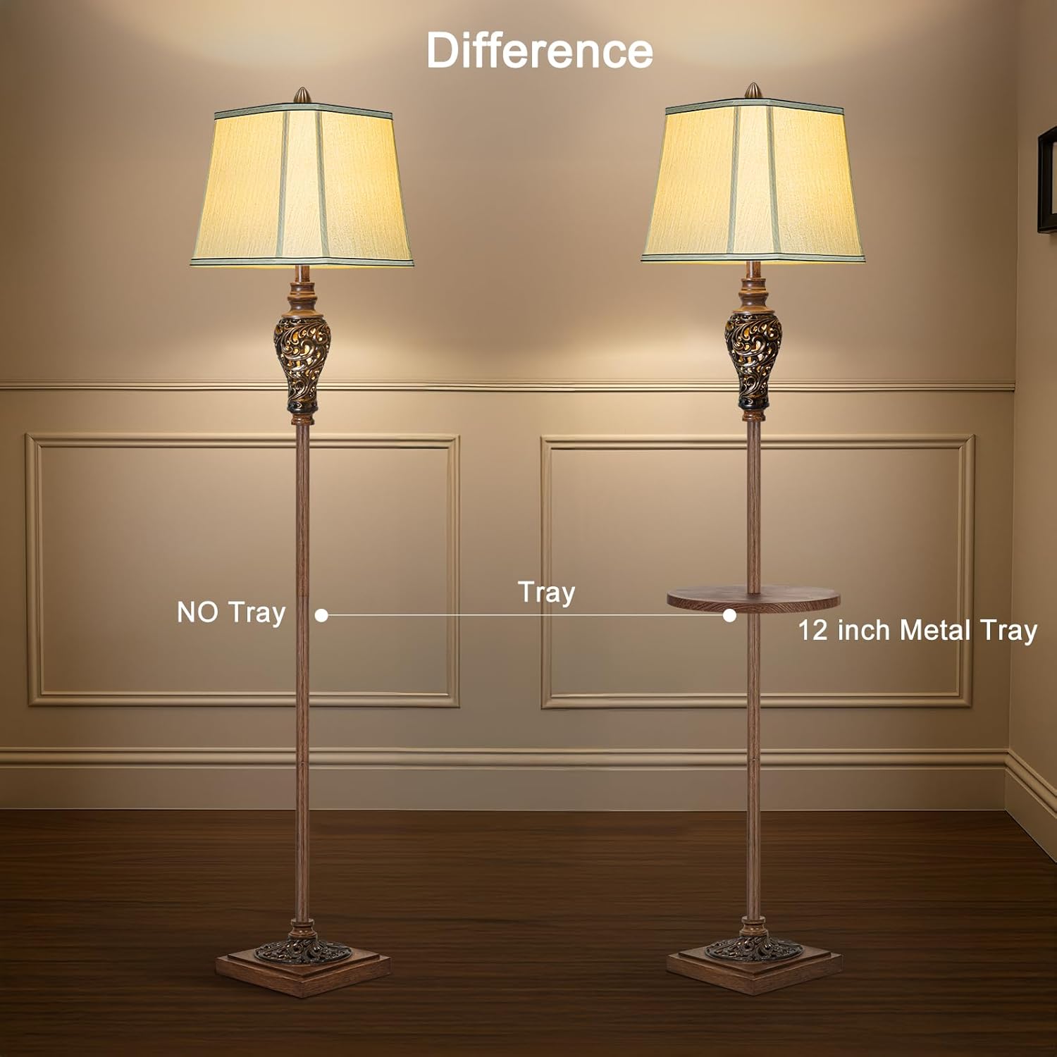 65" High Vintage Floor Lamp with Night Light and Metal Tray, Farmhouse Standing Lamp with Beige Faux Silk Shade, Retro Rustic Tall Lamp Decor for Living Room, Bedroom, Bedside, Corner (Bulb Included)