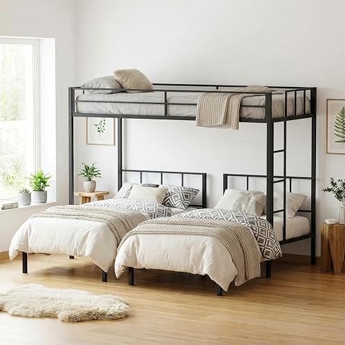 Triple Bunk Bed Twin XL Over Twin & Twin - Convertible to 3 Beds, Heavy Duty Metal Frame with Adjustable Ladder, Noise-Free & Anti-Wobble Design, Space-Saving for Teens & Adults, Black | Converts to 3 beds, All ages fit, Flexible for space, High-quality steel, Heavy Duty