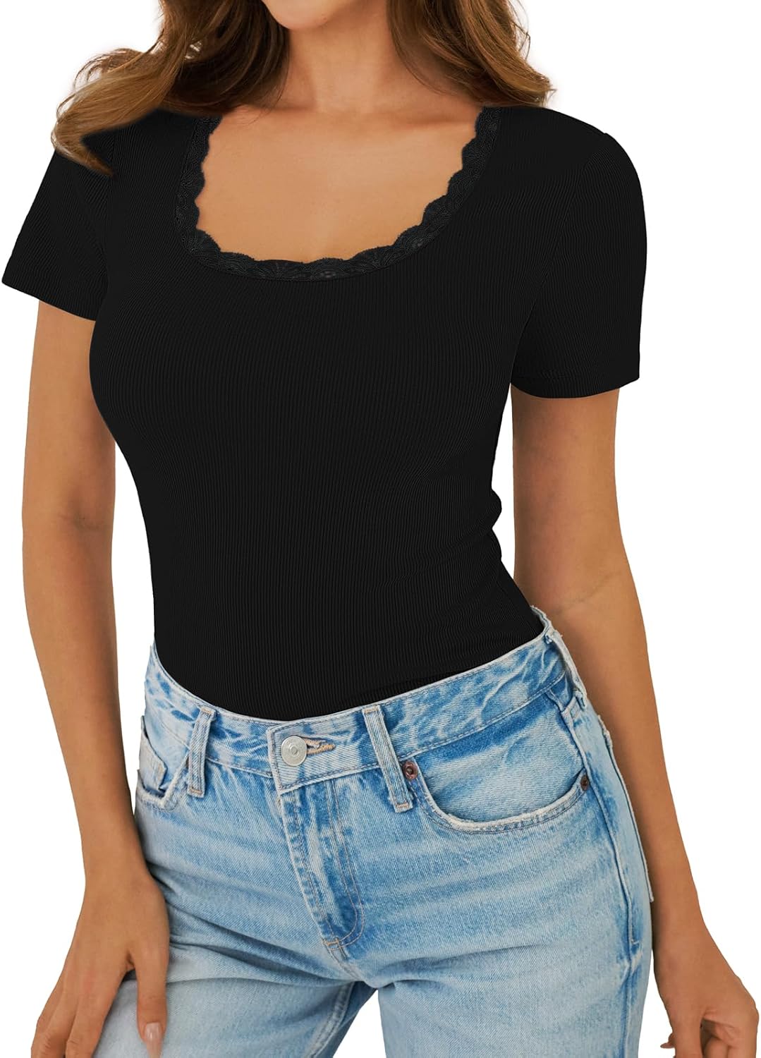 Women's Short Sleeve Tops Scoop Neck Lace Trim Ribbed Fitted Tight Shirts Casual Basic Tee Spring Clothes 2026 Trendy - Image 3
