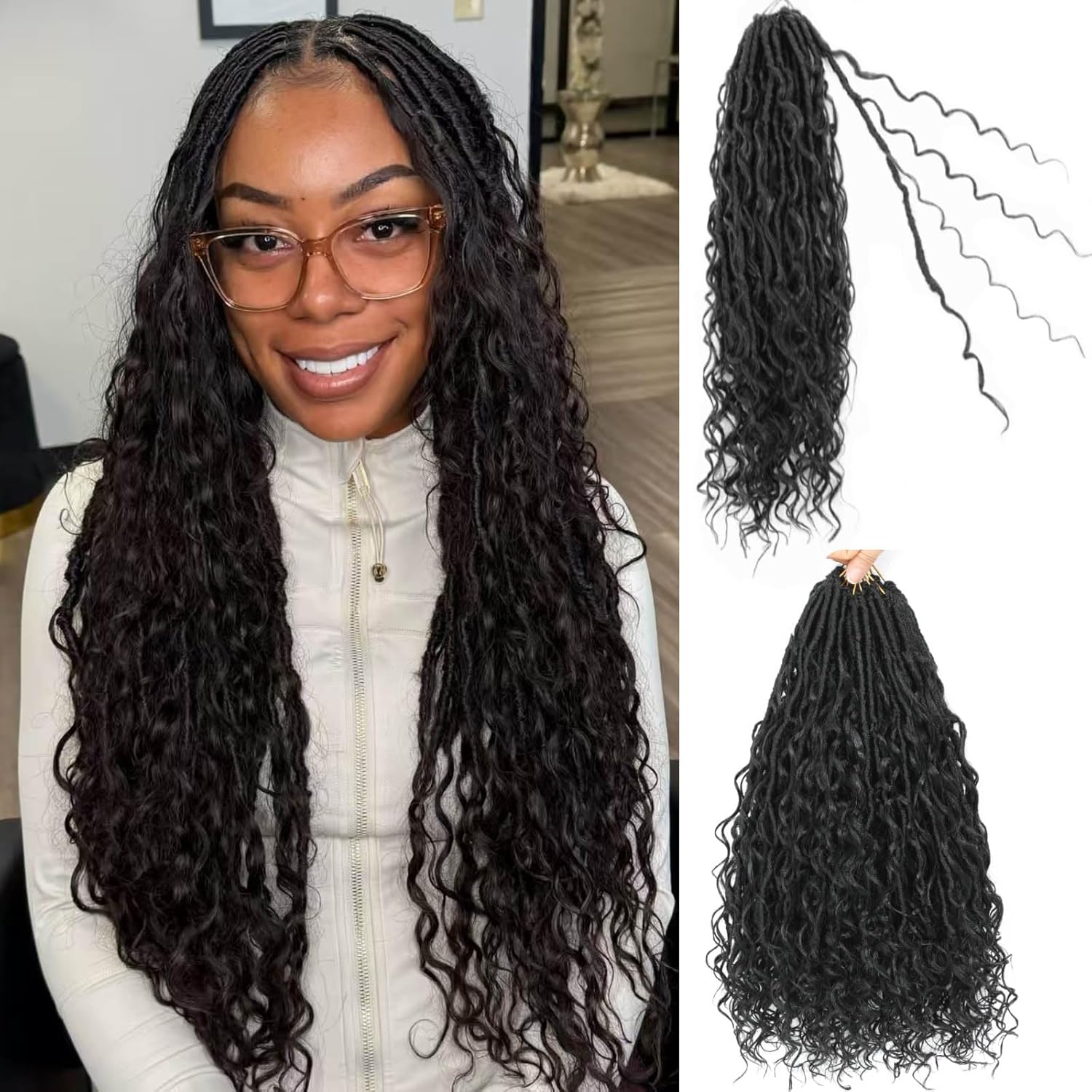 Boho Faux Locs Crochet Hair 24Inch 7Packs Goddess Locs Crochet Hair Pre Looped Boho Soft Locs Synthetic Braids Hair Extensions for Women (1B#, 24 Inch)