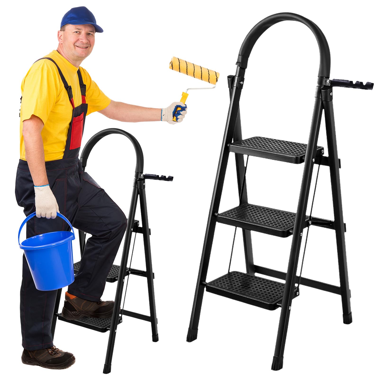 Alinuoyq Black 3 Step Folding Ladder, Folding Step Ladder For Diy And Gardening, Foldable Anti-Slip Step Stool With Wide Pedal Weight Capacity 330 Lbs For Household Garage Kitchen Office Storage