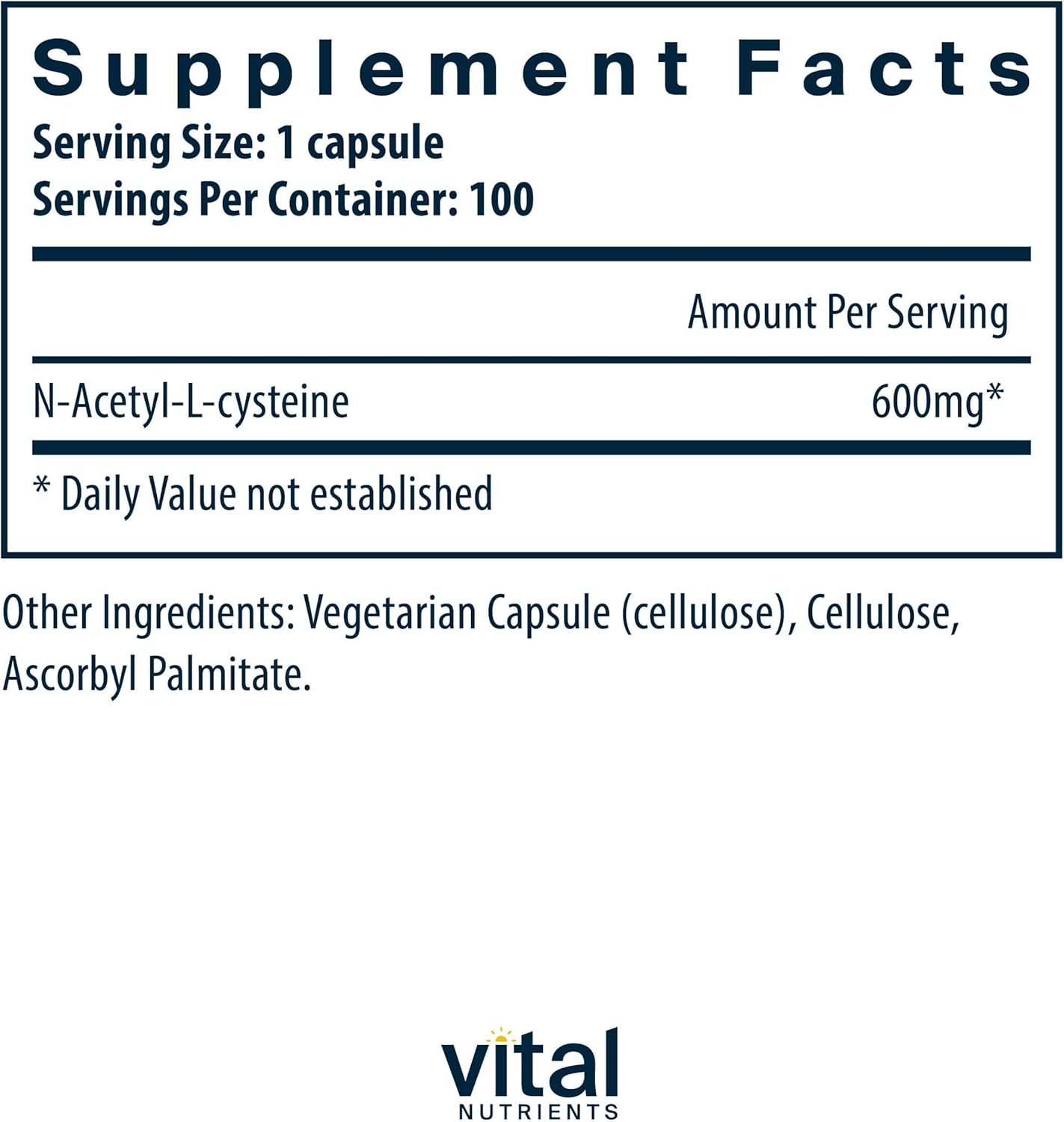 Vital Nutrients NAC 600mg - N-Acetyl Cysteine - Vegan NAC Supplement - Antioxidant for Sinus, Liver, Immune, and Respiratory Health* - Gluten, Dairy, Soy Free - 100 Capsules