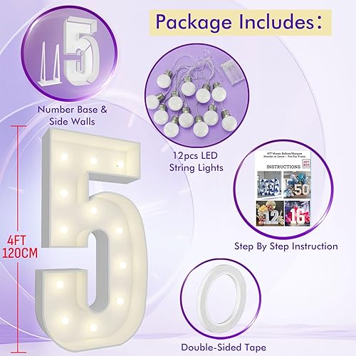 Vista 52 de Marco de números iluminados de 4 pies precortado, números de marquesina gigante, números 7, números de mosaico para globos, decoraciones de Número