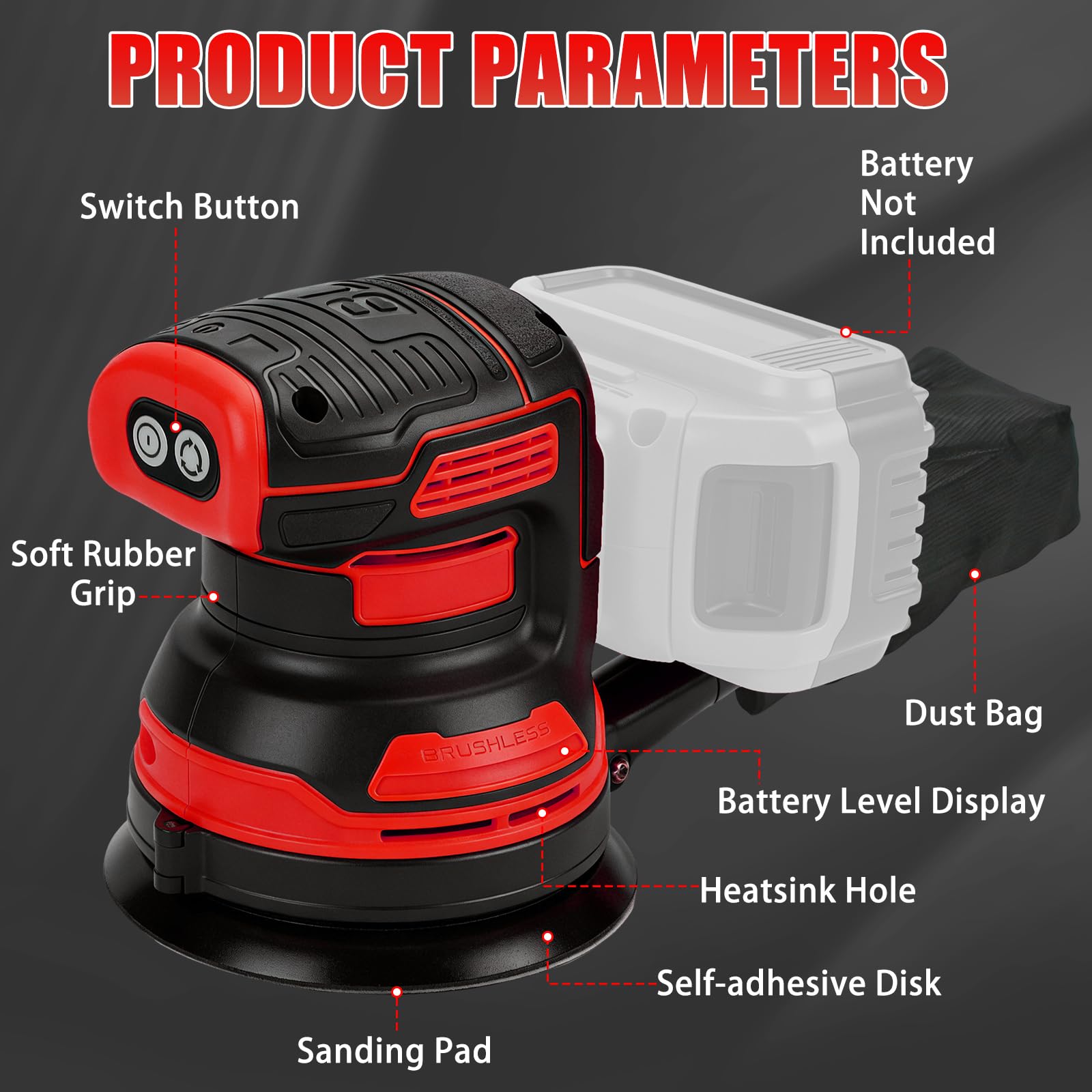 Lijadora orbital inalámbrica compatible con batería Milwaukee M de 18 V (sin batería), 125 mm sin escobillas, lijadora manual eléctrica de 4000 – 8000 rpm, 3 velocidades, 21 hojas de papel de lija y