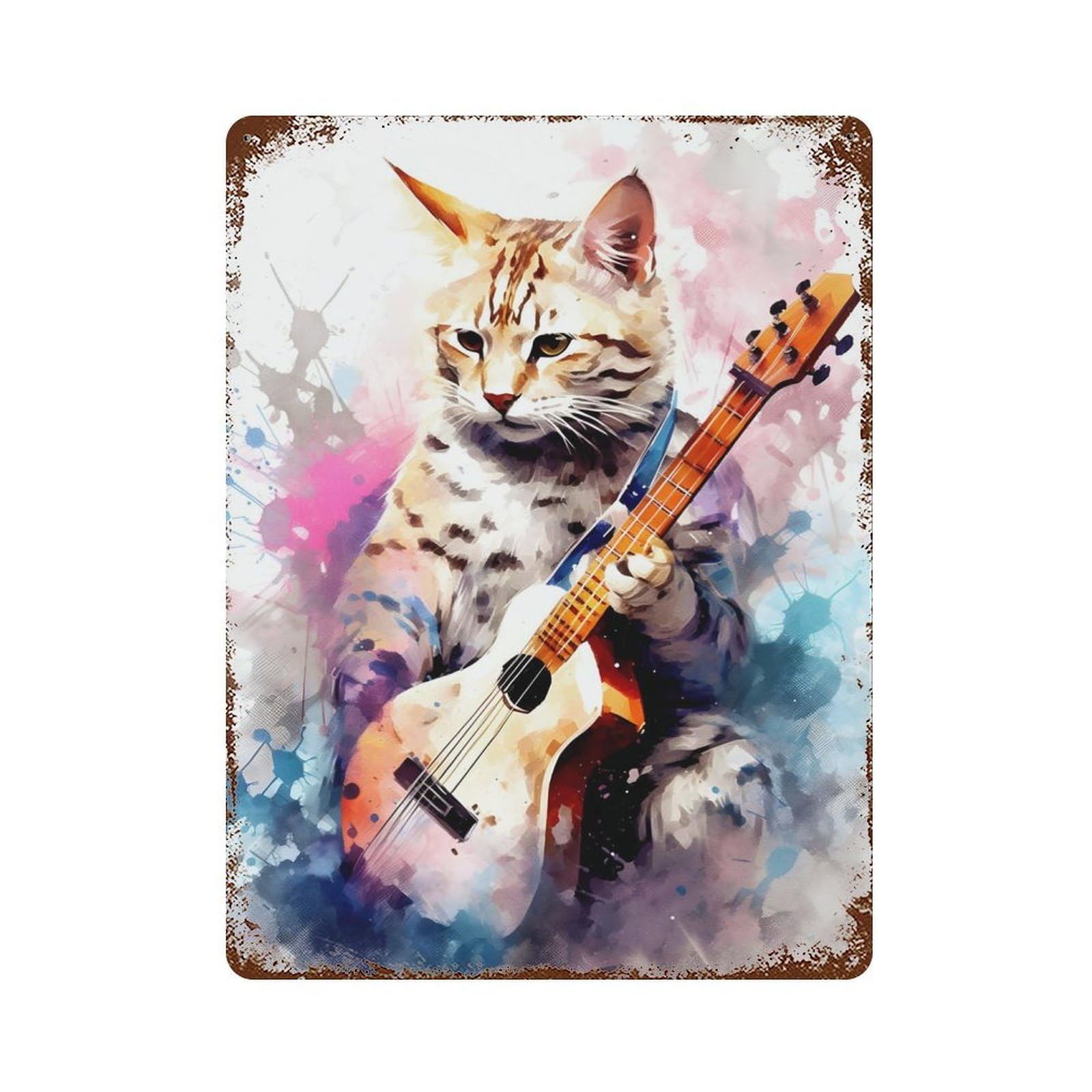Savannah Cat Playing Guita Vintage Metal Tin Sign 15.7"x11.8", Ideal for Cafe, Home Bar And Lounge Decor