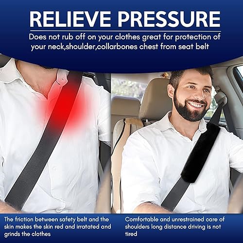 Miniatura 6 de Zone Tech - Funda para volante de piel de oveja negra y almohadilla para cinturón de seguridad, funda elástica para volante de piel de oveja, color