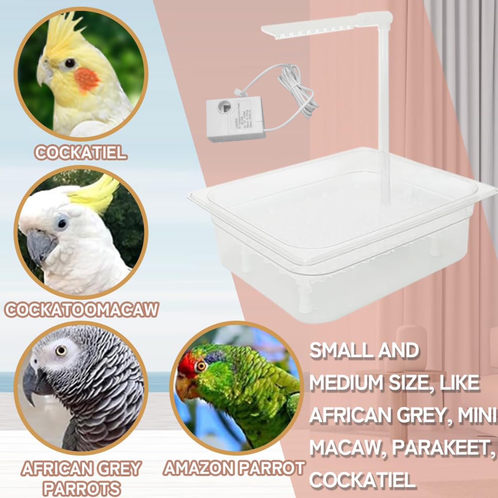 Vasca da Bagno Automatica per Pappagalli Doccia Per Pappagalli Con Acqua | Fontana Elettrica USB Per Uccelli Domestici Di Taglia Piccola E Media: Calopsite, Parrocchetti, Cenerini, Conuri
