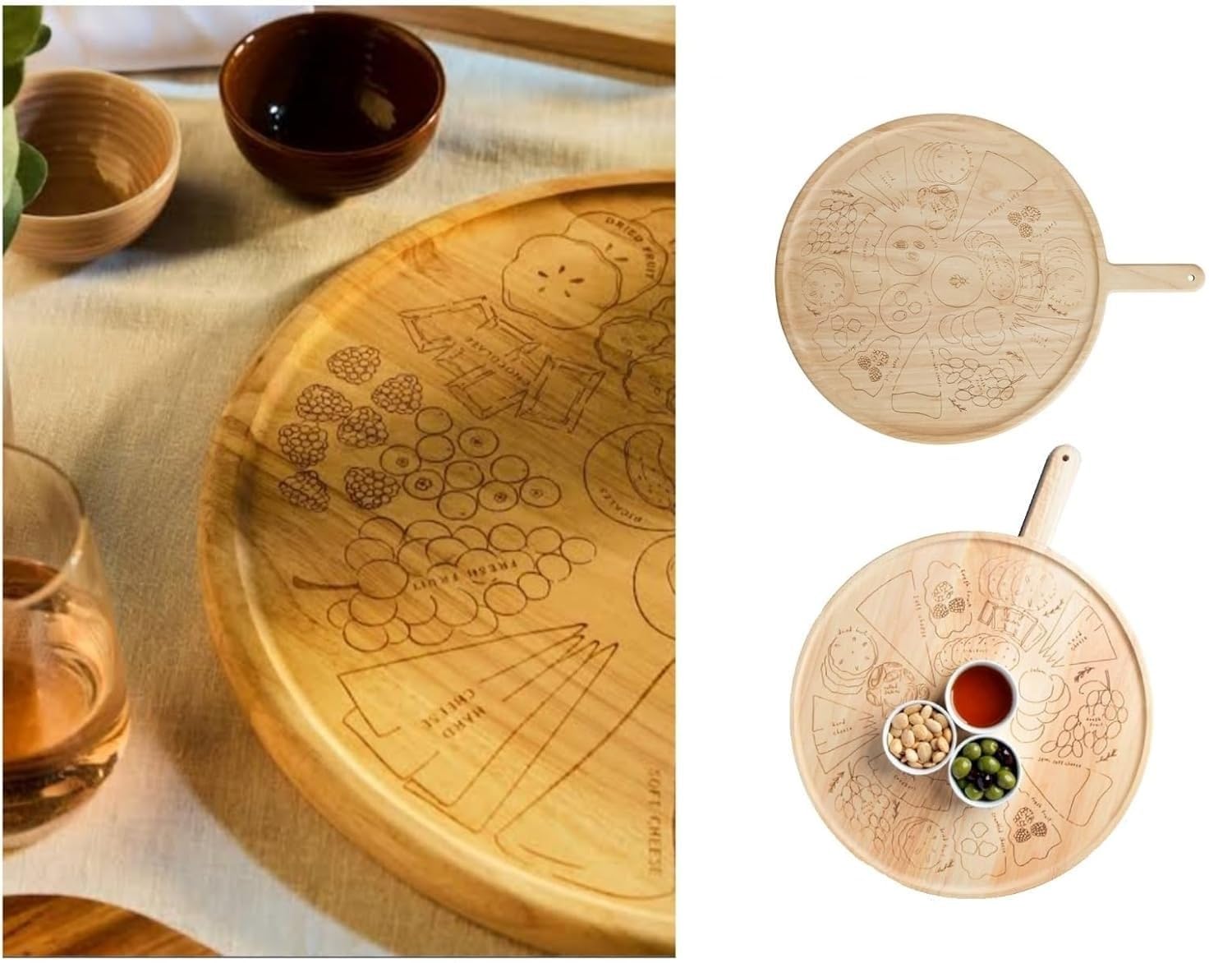 AJ Wooden Serving Board with Handle, Large Round Charcuterie Cheese Paddle, Solid Wood, for Fruit, Bread, Crackers