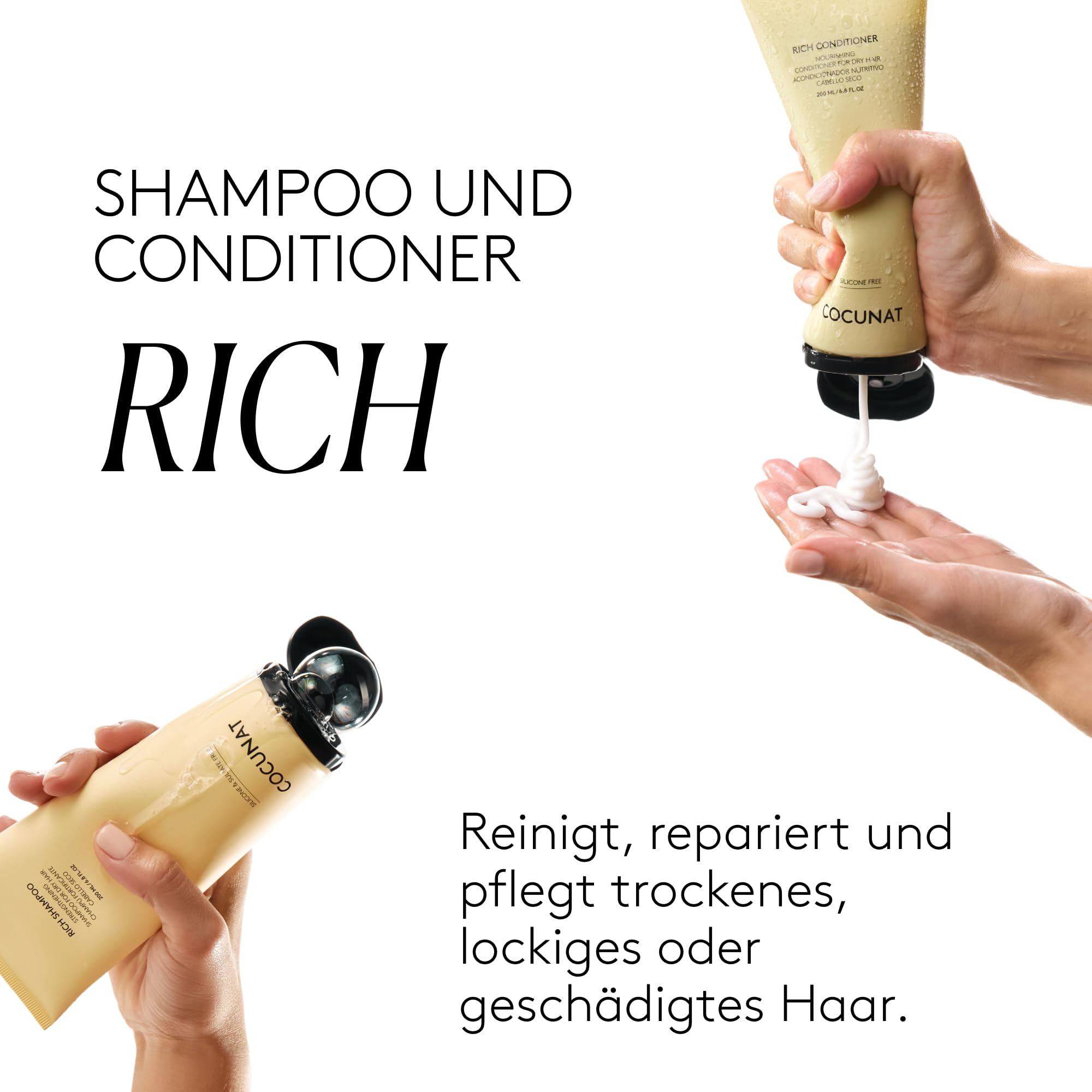 COCUNAT - Rich Pack für trockenes Haar - Natürliches Shampoo und Conditioner - Geschädigtes oder gefärbtes Haar - Feuchtigkeitsspendend - Sulfat- und silikonfrei - für Curly-Methode geeignet