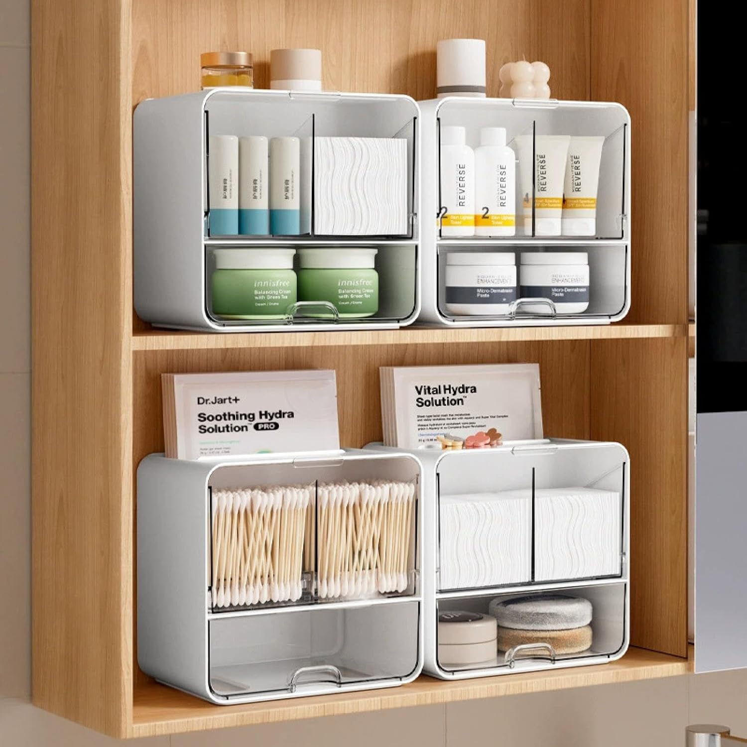 Qtip Holder Wall Mount, Bathroom storage rack with drawer and lid, no drilling required. for Bathroom Cotton Swabs, Balls, Cosmetic Cotton Pads, Dental Floss Storage – White