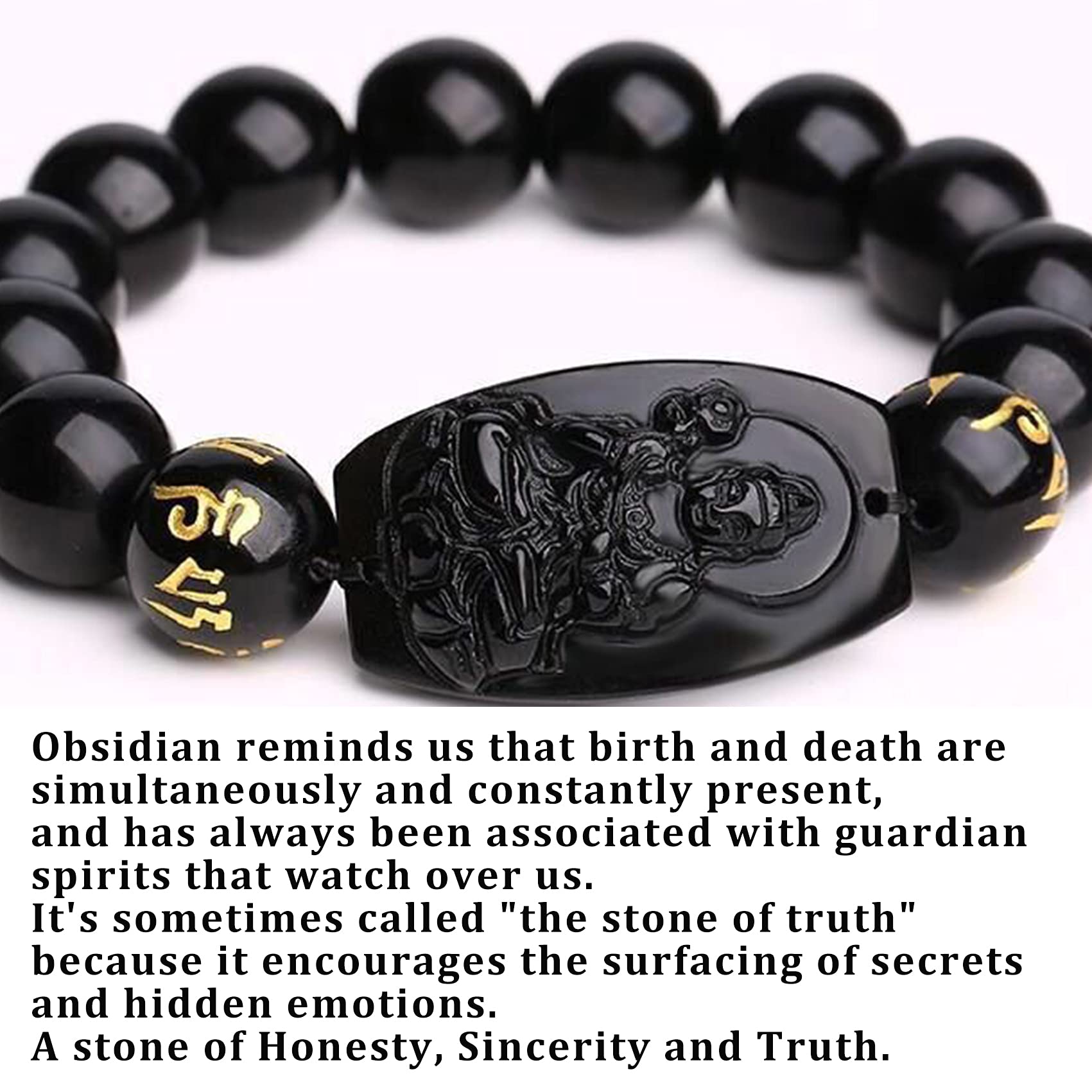 WZGWDC Bracciale Feng Shui, Bracciale Bracciale con ciondoli Naturale Portafortuna Otto Santi Patroni Ciondolo per Mantra a Sei Caratteri Ossidiana Tathagata Buddha Amuleto Attrarre Denaro PRO