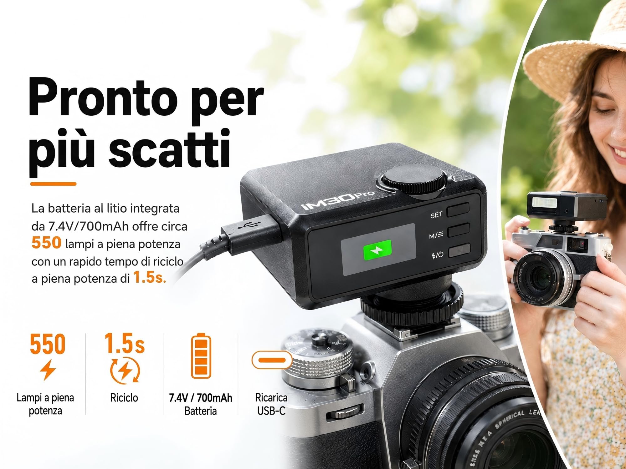 Godox iM30Pro iM30 Pro Mini Flash per Fotocamera, GN15 Flash Godox, AUTO e M, 550 Scatti, 1,5s, USB-C, Slitta a Contatto Singolo per Sony Canon Nikon Fujifilm Olympus Ricoh Leica Panasonic Pentax