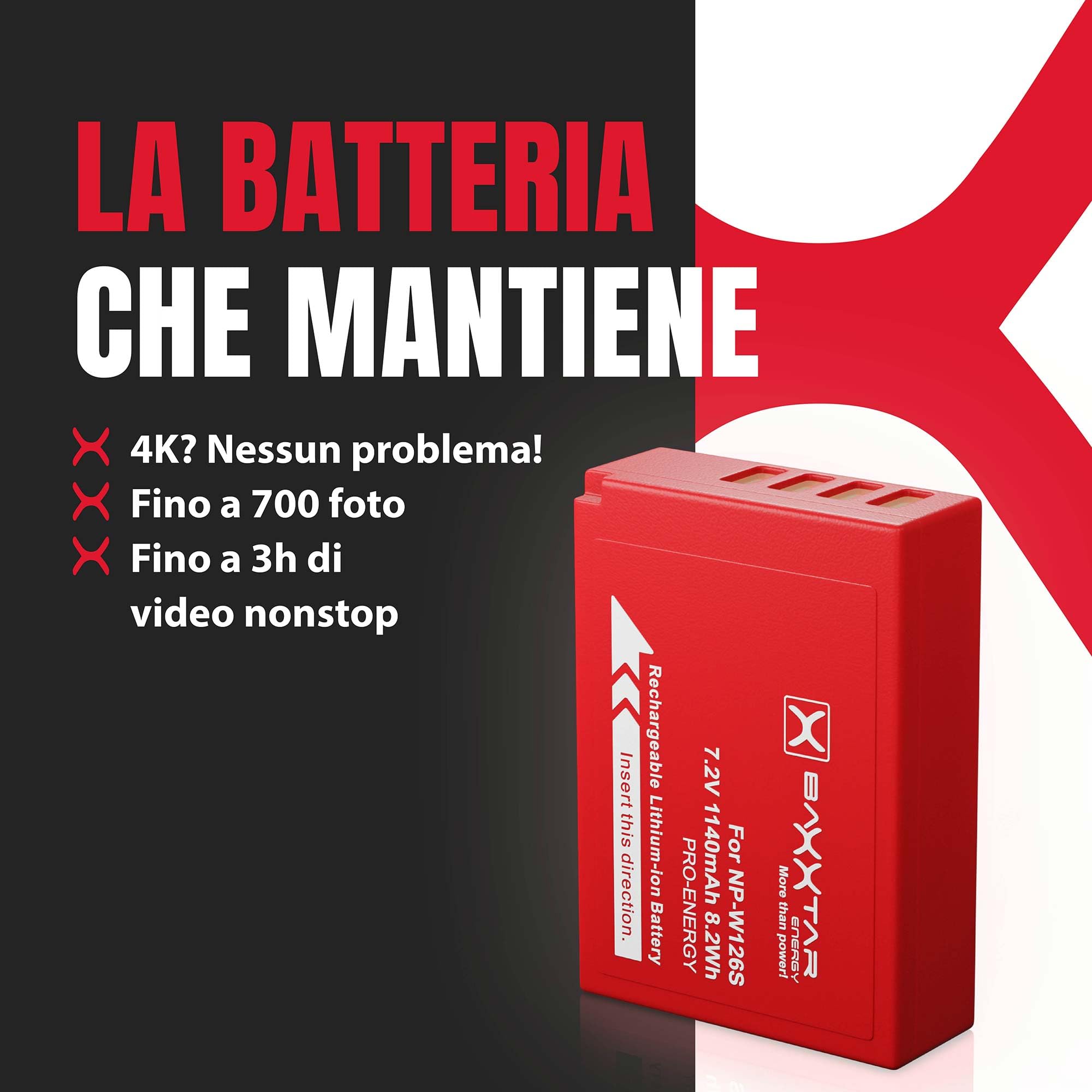 Baxxtar Pro 2X NP-W126s Batteria 1140mAh – Ricambio per Fujifilm NP-W126s / NP-W126 – per X100F X100V X100VI X-T3 X-T20 X-T30 X-T50 X-S10 X-Pro2 X-E4 X-M5 – doppia riserva