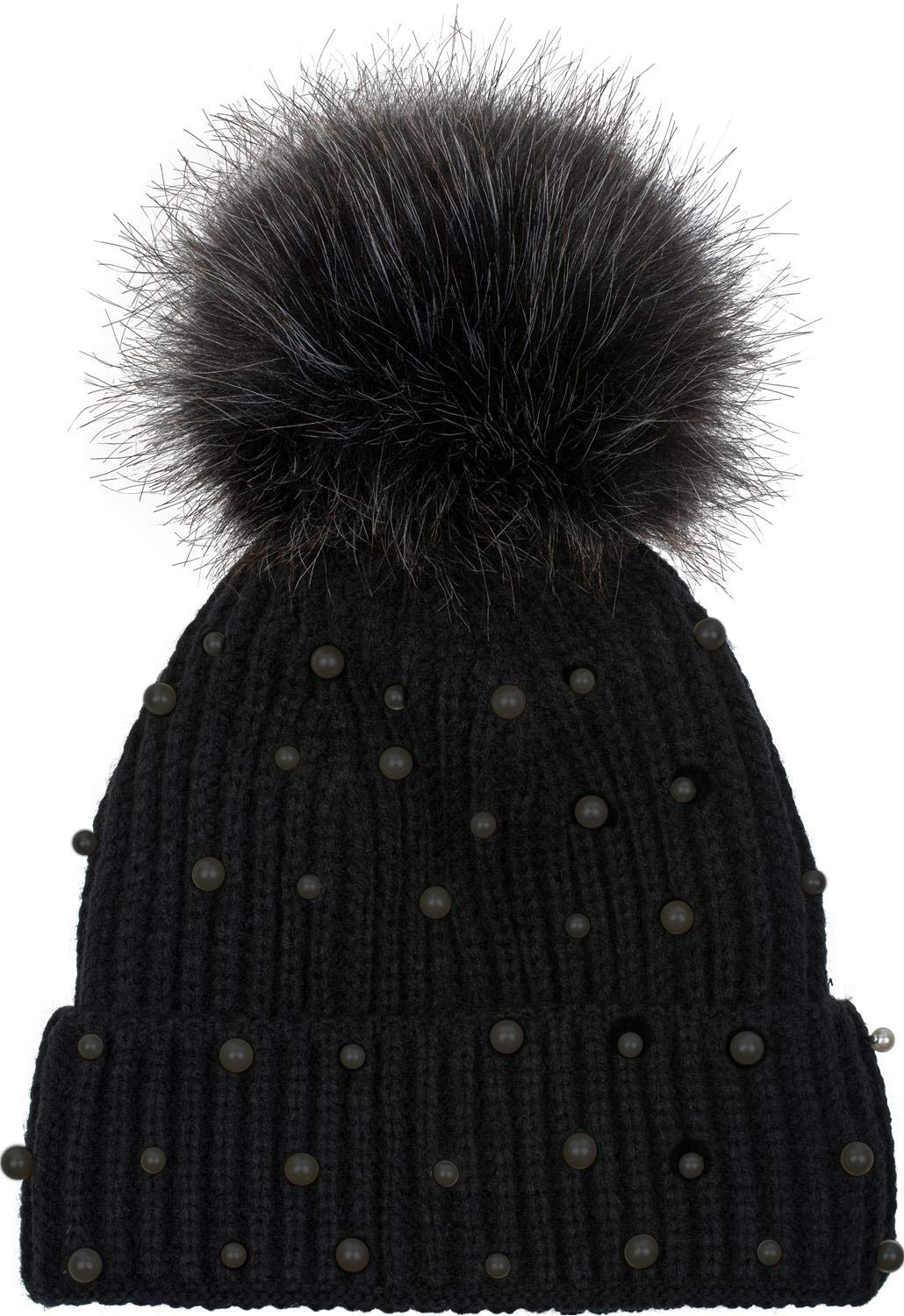 Stylebreaker Women's Black Knit Pompom Hat With Beading And Fleece Lining, Winter Fur Bobble Hat 04024155, Colour: