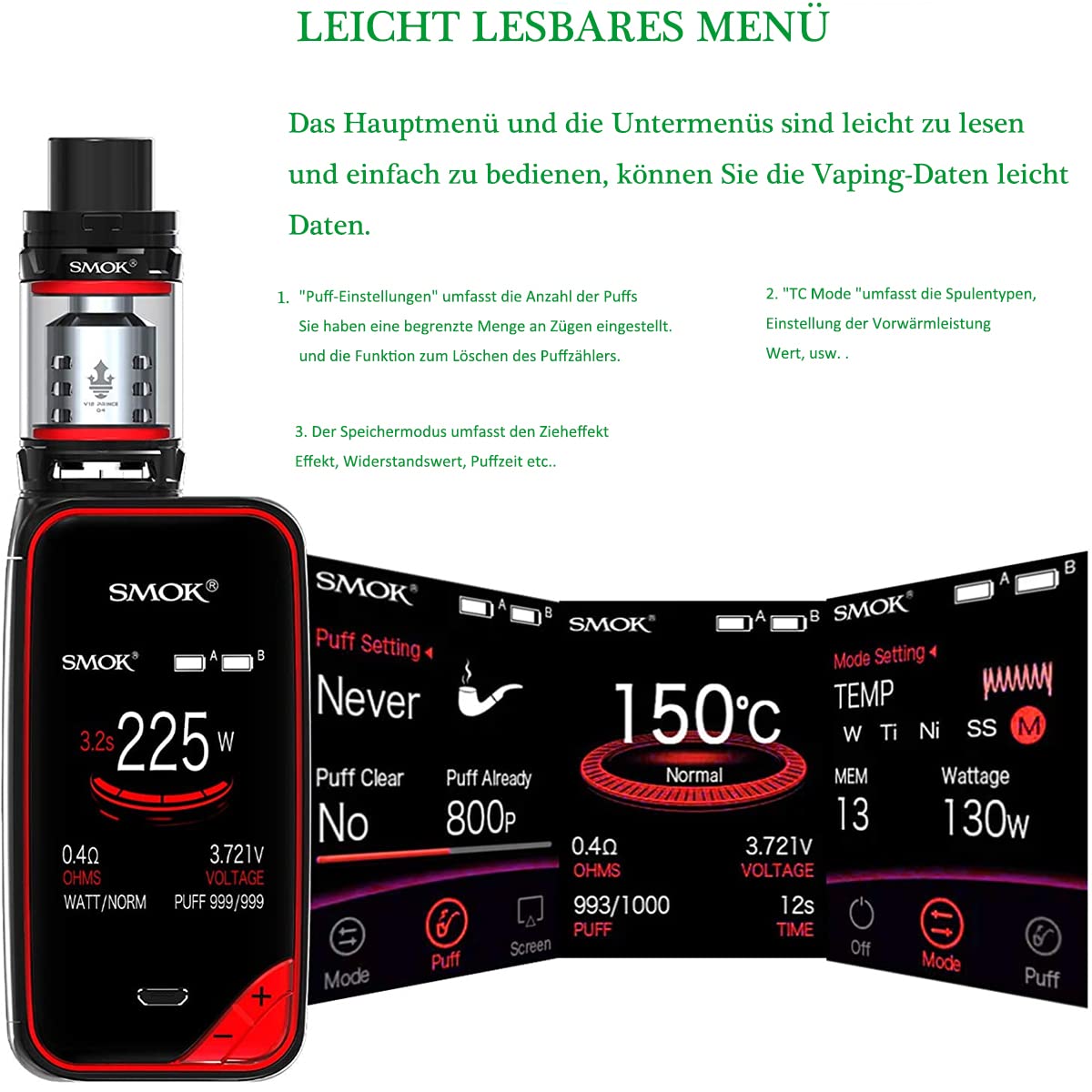 Elektronische Zigarette，Smok 225W X priv Kit mit Farbenfroh Screen, 8ml Verdampfer TFV12 Prinz Tank und wiederaufladbaren 2*Batterien, kein Nikotin, keine Flüssigkeit (Schwarz Rot003)