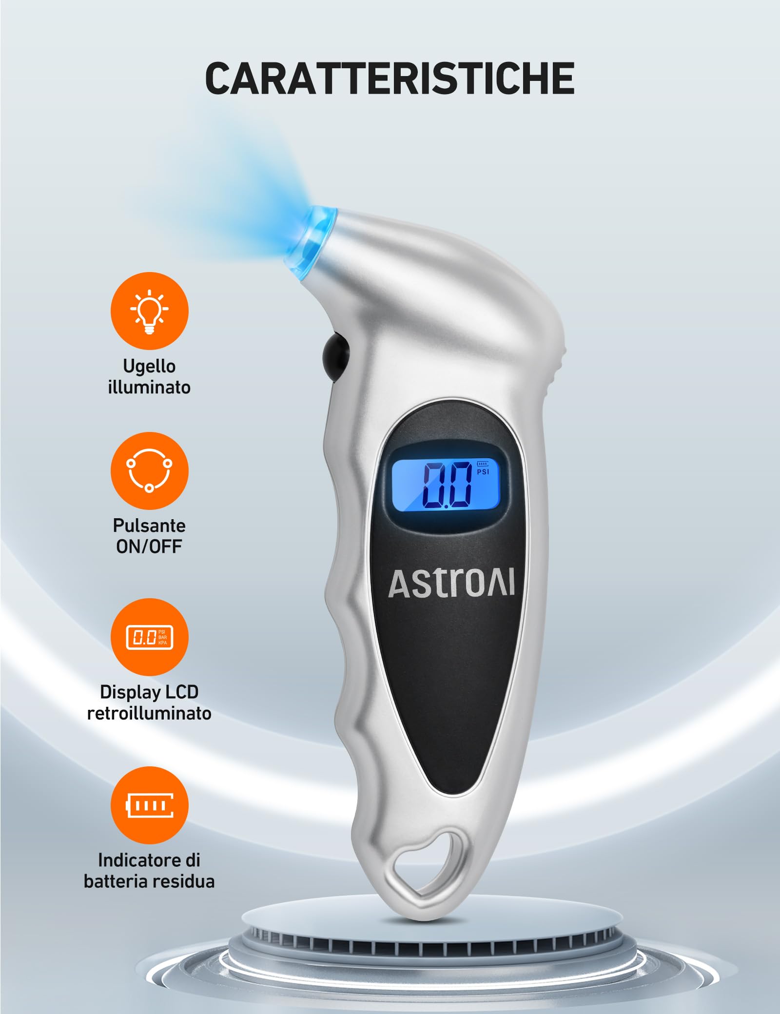 AstroAI Tire Pressure Gauge Digital 0-150PSI (Accurate in 0,1 incrementi), 4 unità Stocking Stuffers per auto camion bicicletta con LCD retroilluminato e adattatore valvola Presta, Sliver