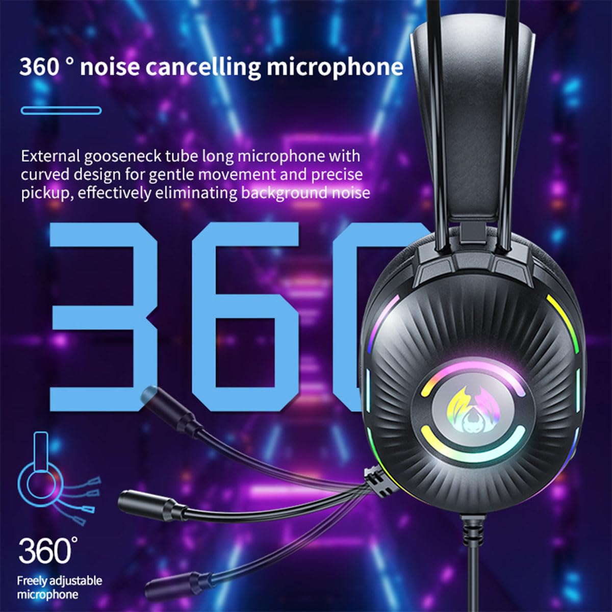 Cuffie da gioco con microfono, graziose cuffie RGB cablate con microfono a cancellazione del rumore, auricolari over-ear con orecchie da gatto per giocatori/PC/streamer/cosplay (nero)
