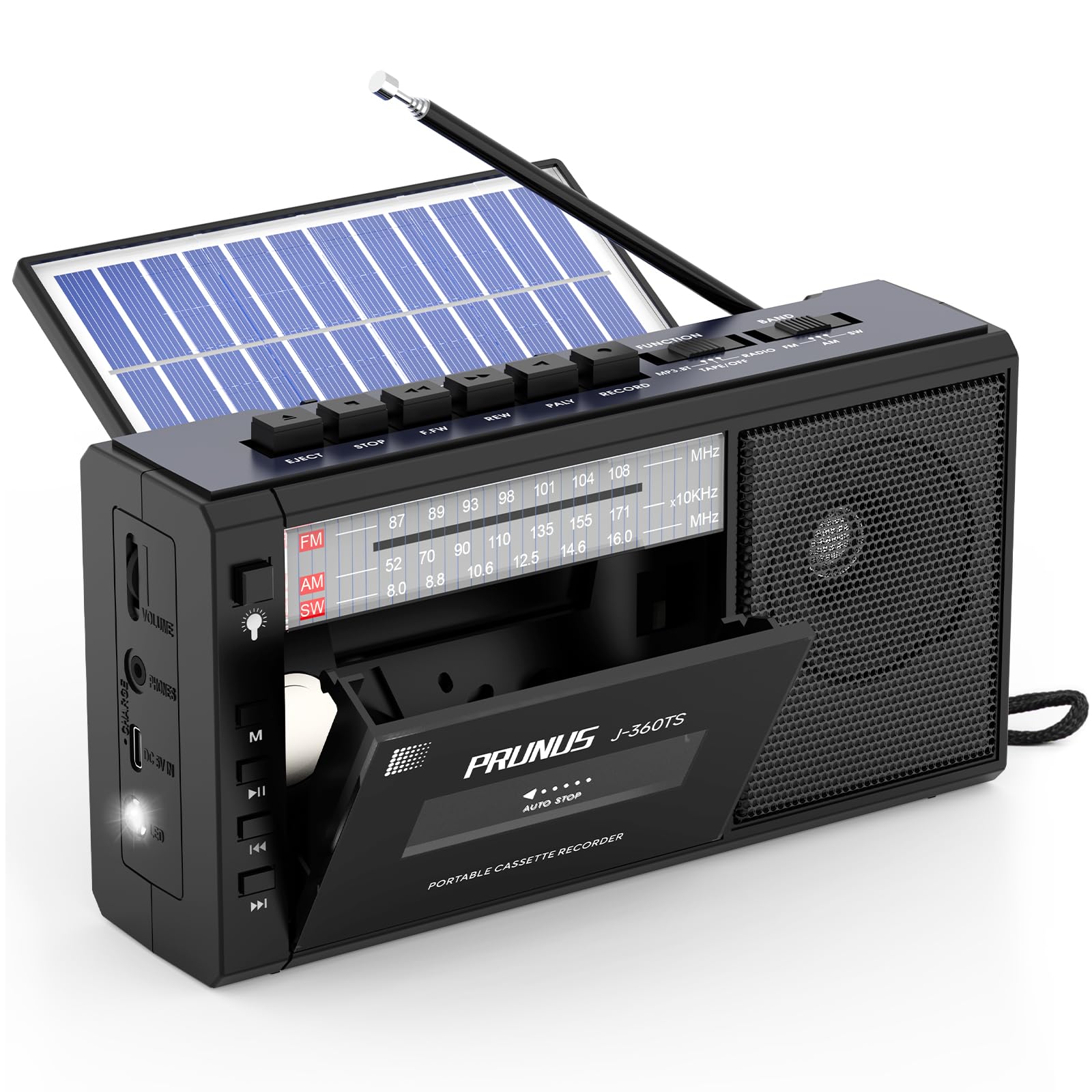 PRUNUS J-360 Reproductor Cassette con Bluetooth, Am/FM Radio Solar y Recargable, Radio Cassette Player con Toma de Auriculares, Reproductor de TF/USB.