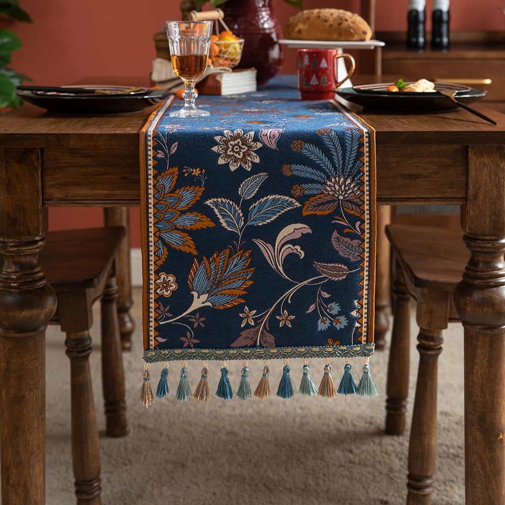 Vintage Floral Jacquard Table Runner with Multi-Color Tassels French Country Farmhouse Spring Table Runners Blue for Living Room Dining Kitchen Coffee Tables Decoration