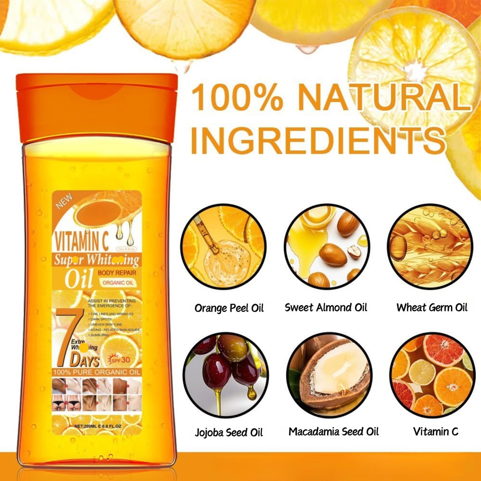 Vitamin C Body Oils for Women Essential Oils for Skin with SPF30&Night Repair,Brightening Anti-Aging Face&Firming Body Oil for Dry Skin,Dark Spots,Uneven Tone&Wrinkles,Glow Oils Body Care,200ml - Image 4