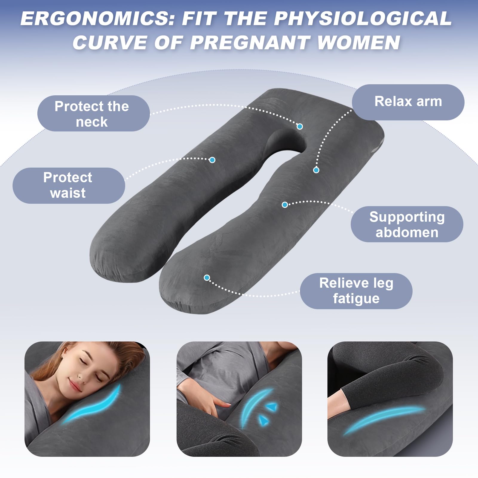 Cuscino Gravidanza A U - Per Dormire E Allattamento | Federa In Velluto Lavabile | Grigio Scuro - Foto 7