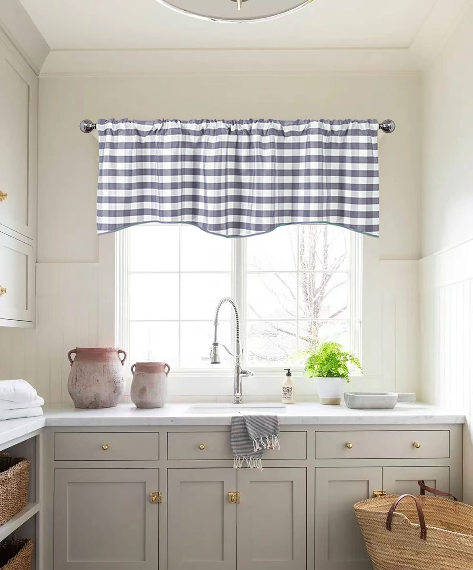 BOYOUTH Semi Shading Scalloped Striped Pattern Valances Short Curtains,Rod Pockets Check Valance for Kitchen,Cafe,Bathroom,52 Inches by 18 Inches,Grey and White,1 Panel