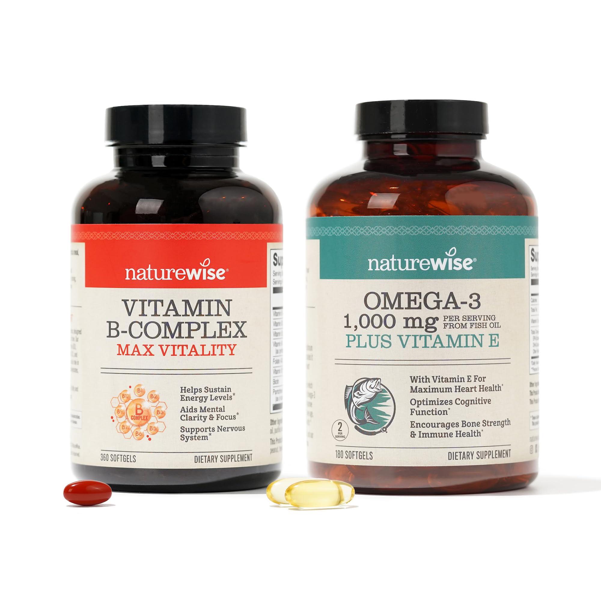 NatureWise Vitamin B Complex 360 Softgels & Omega 3 Fish Oil 180ct for Energy, Heart, Brain, Immune & Vision Support