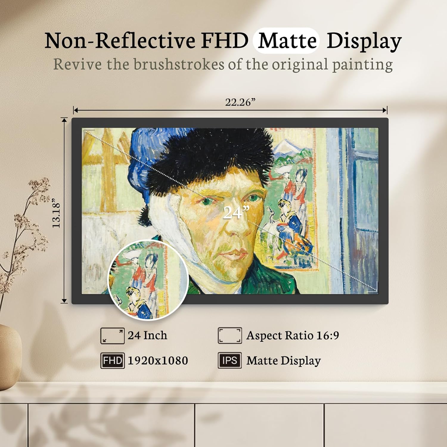 Image showing a person rotating the digital picture frame on a wall mount, demonstrating the ability to switch between landscape and portrait modes with auto-rotate.