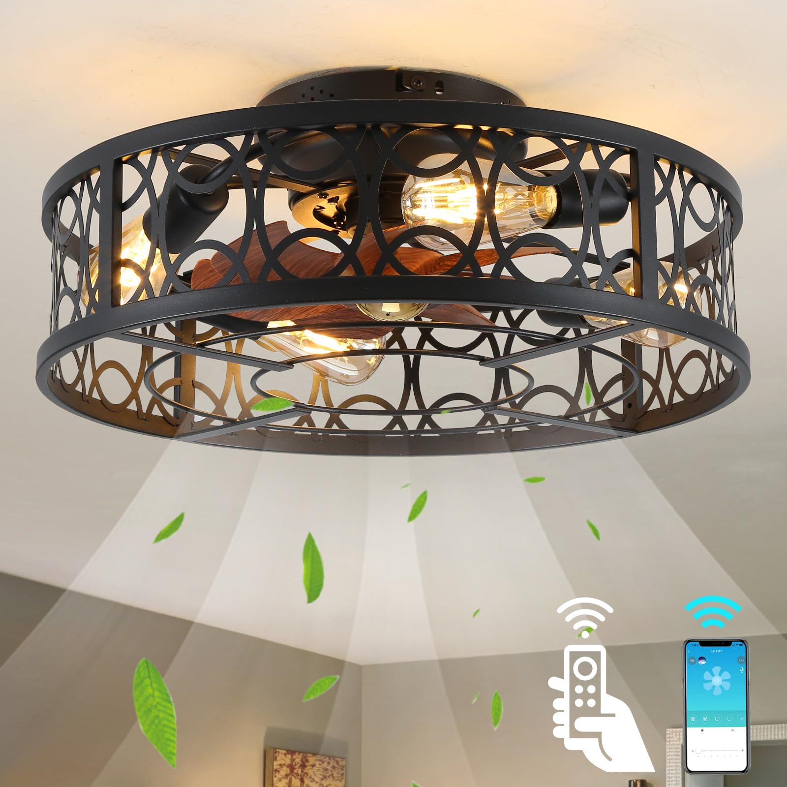 Alaruder Ceiling Fans with Lights Flush Mount,20 Inch Caged Modern Small Black Fan for Bedroom,Low Profile Ceiling Fan with Remote and APP,6-Speed Reversible Quiet Chandelier Fans (5 Bulb Include)