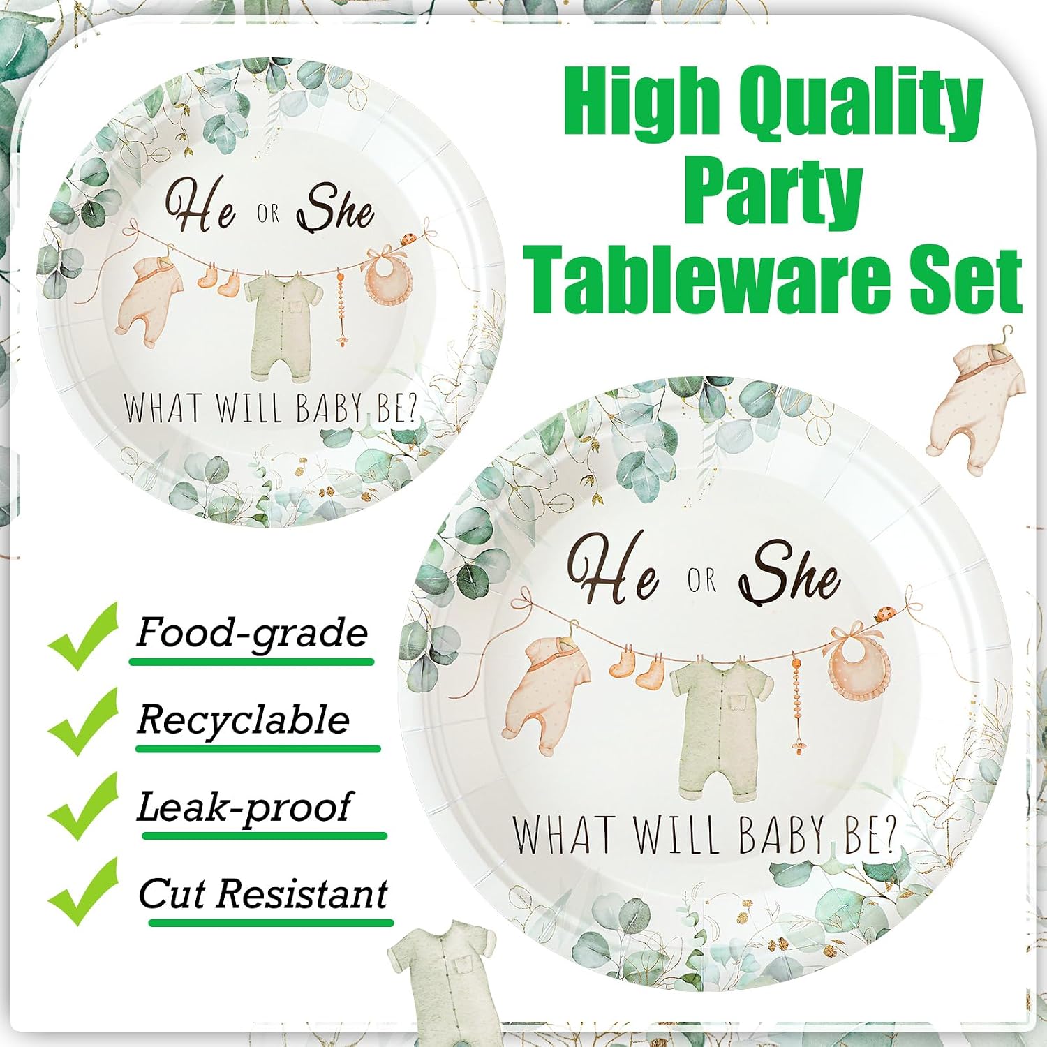 Sunnyray 96 Pcs/24 Sets Greenery Gender Reveal Plates Napkins Decorations image 3