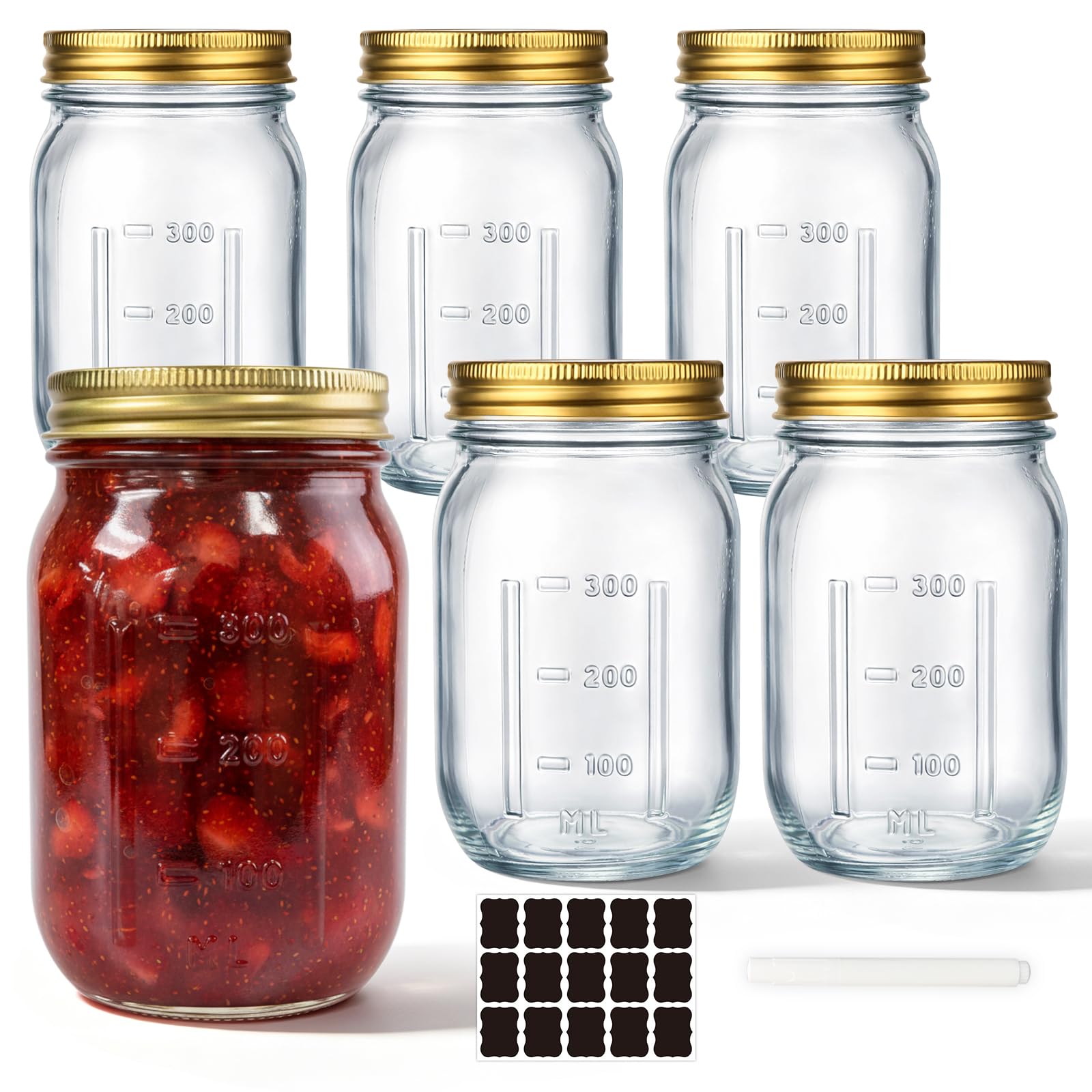 WERTIOO 6 Pack 480ml Mason Jar with Lids, Jam Jars with Scale–Jam Jars with Lids, Overnight Oats Jar, Storage Jars for Pickling, Jam, Meal Prep, Kitchen Storage