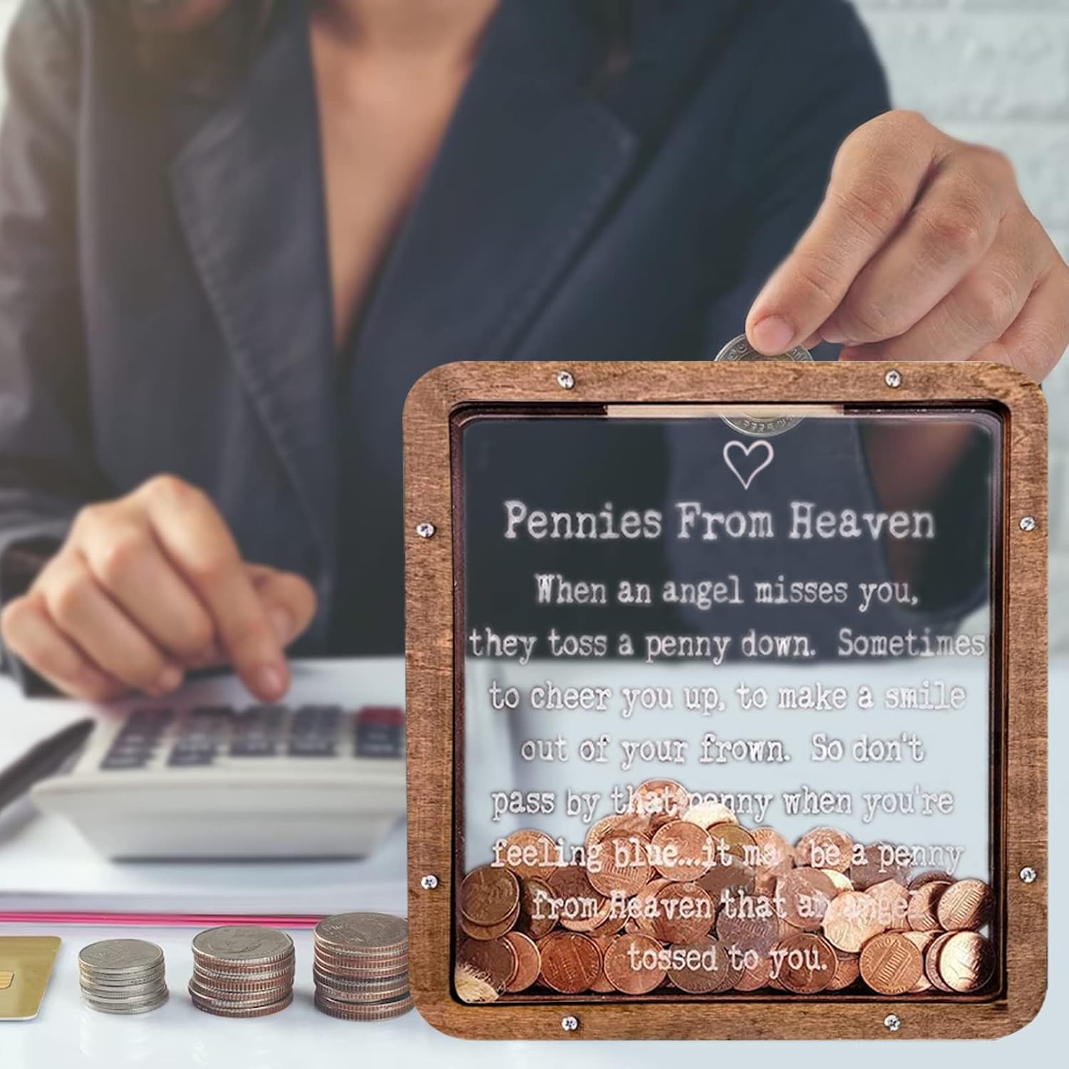 Pennies from Heaven Wooden Piggy Bank, Personalized Shadow Coin Bank, Paradise Bank Memorial Gift, Large, Blue