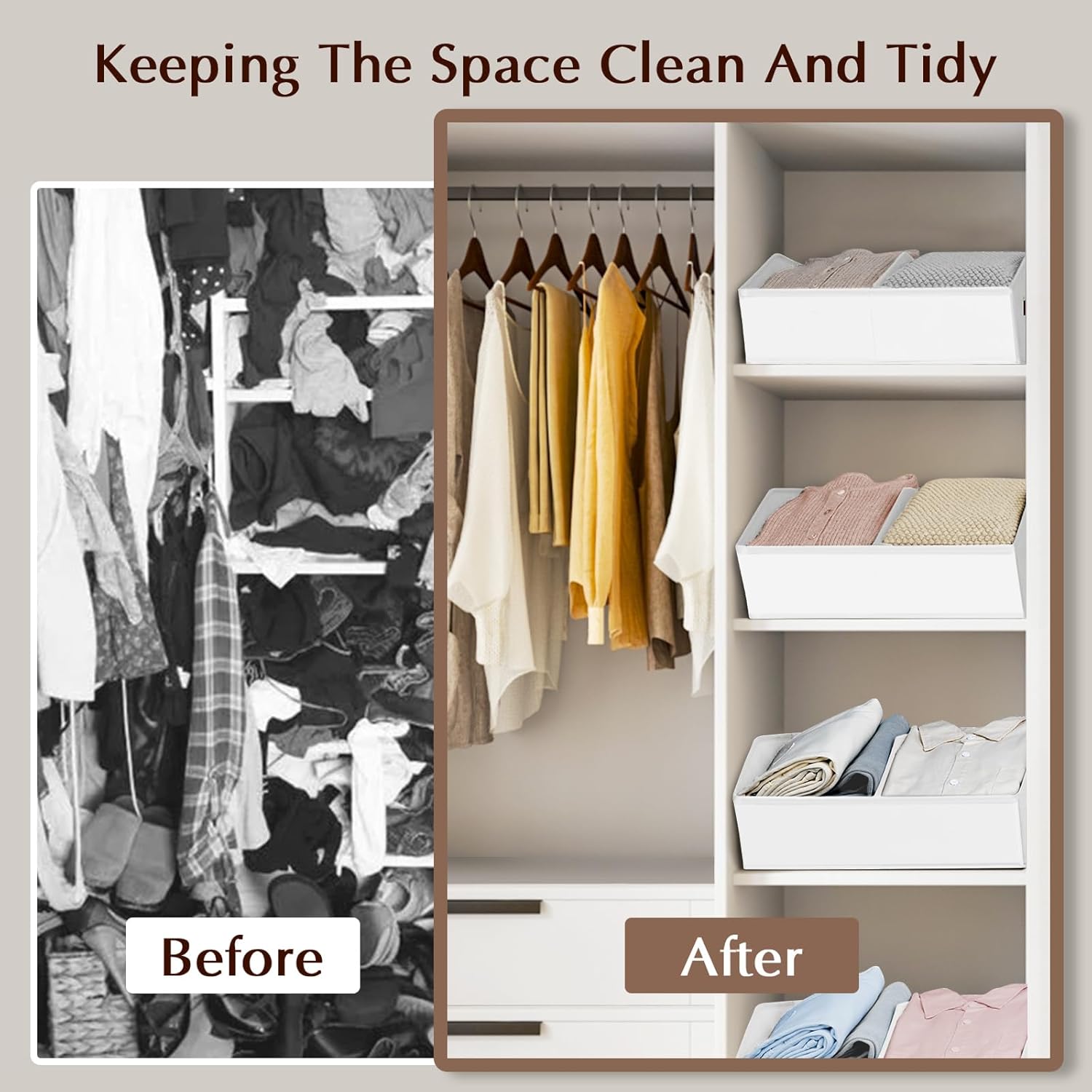 Closet Organizers and Storage Bins - 6 Pack Collapsible Divided Trapezoidal Cube Storage Bins Baskets with Orange Handle for Organizing Clothes Blankets, Toys, Books, Towels(White)