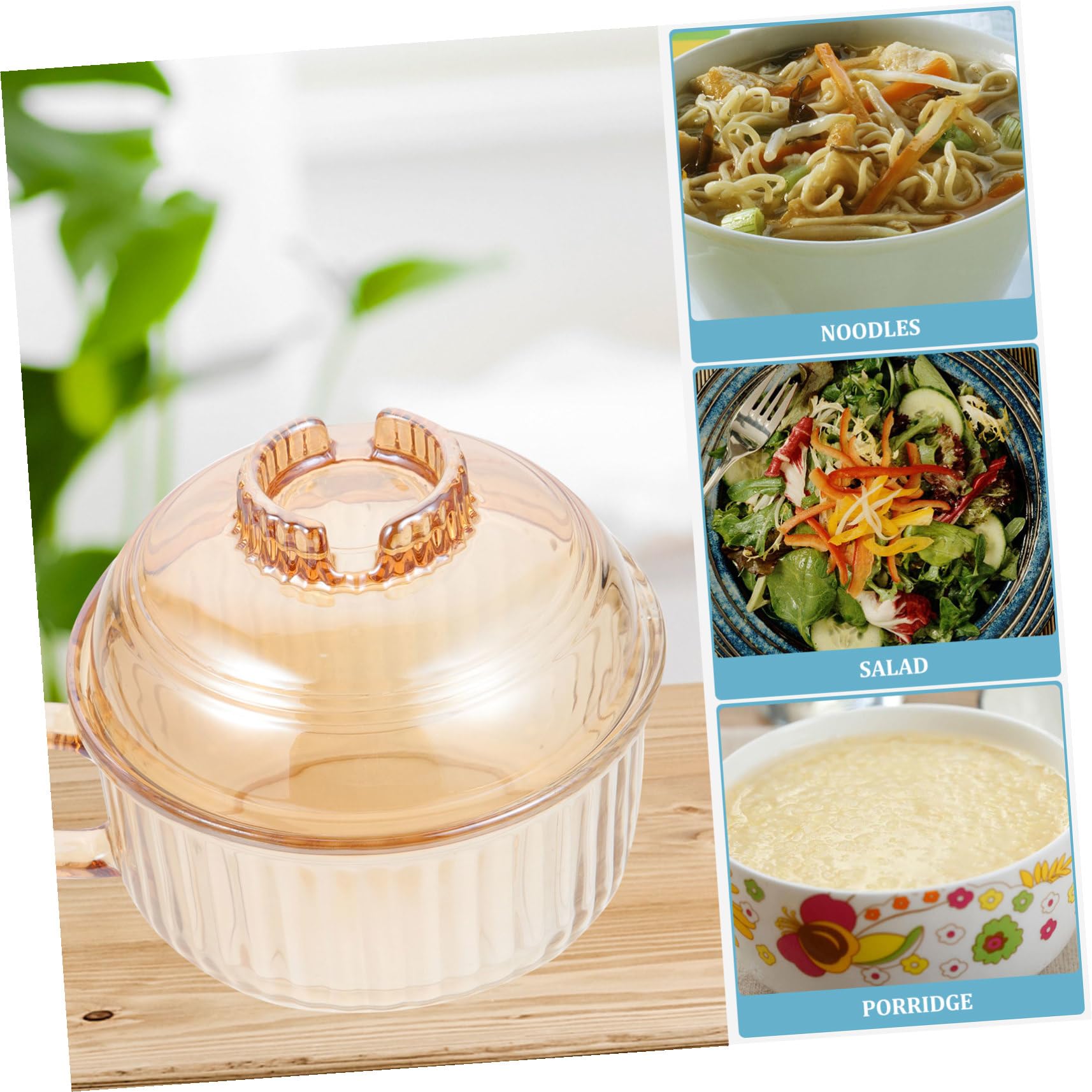 Tazón de Sopa para Ramen con Tapa y Asa 550 Ml Vidrio Ámbar Resistente al Microondas Multifunción para Cocina y Mesa Hogar Restaurante Juego de 1 Unidad