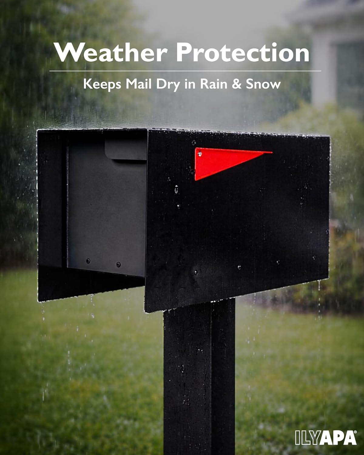 Ilyapa Locking Mailbox with Lock and Key - 21x8x10 Inch Black Modern Mailboxes for Outside Post Mount - Heavy Duty Metal Mail Box with Magnetic Door