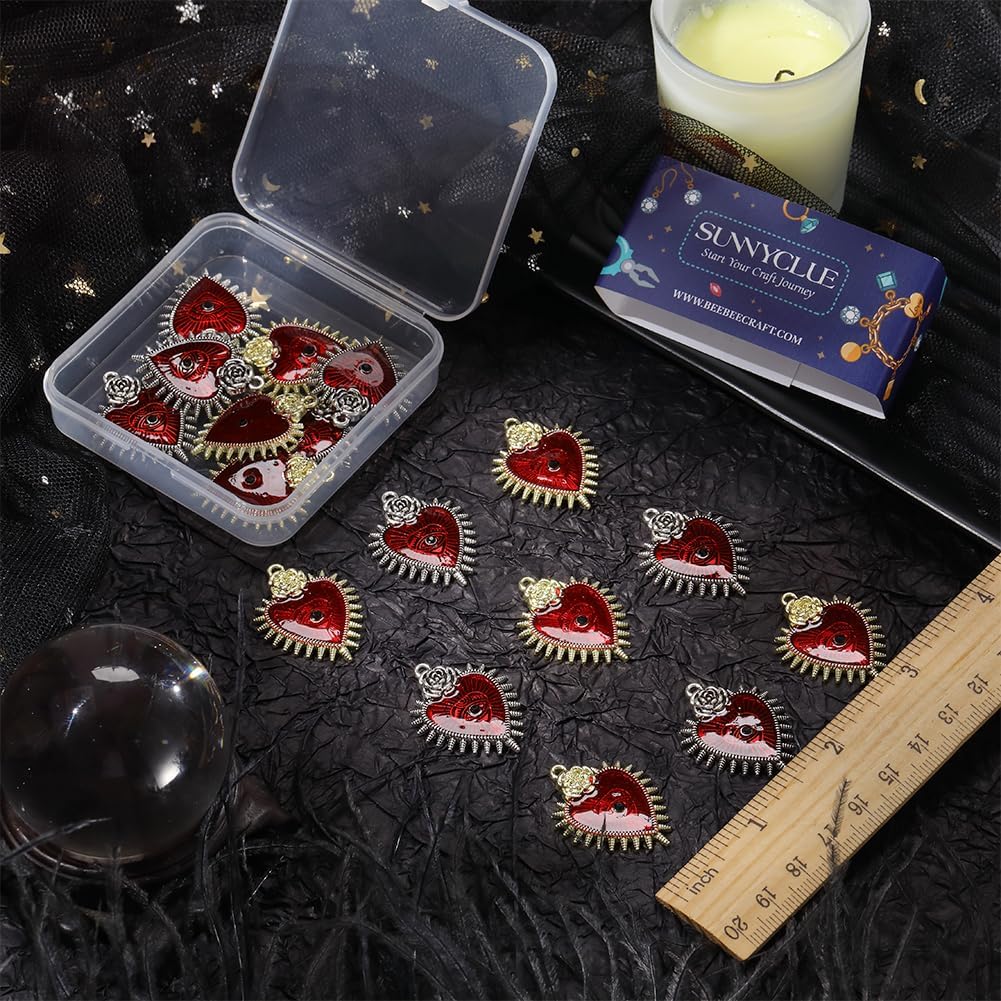 SUNNYCLUE 1 Box 20Pcs Gothic Heart Charms Halloween Charm Bulk Red Love Thorns Evil Eyes Enamel Charm with Rhinestones for Jewelry Making Charms Findings DIY Necklace Earring Women Adults Craft