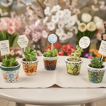 Party Favor for Guest, 16 Sets of Succulent Pot with Wooden Tags for Bridal Shower Gifts, Elegant Return Favor, Ceramic Pot for Baby Shower favors