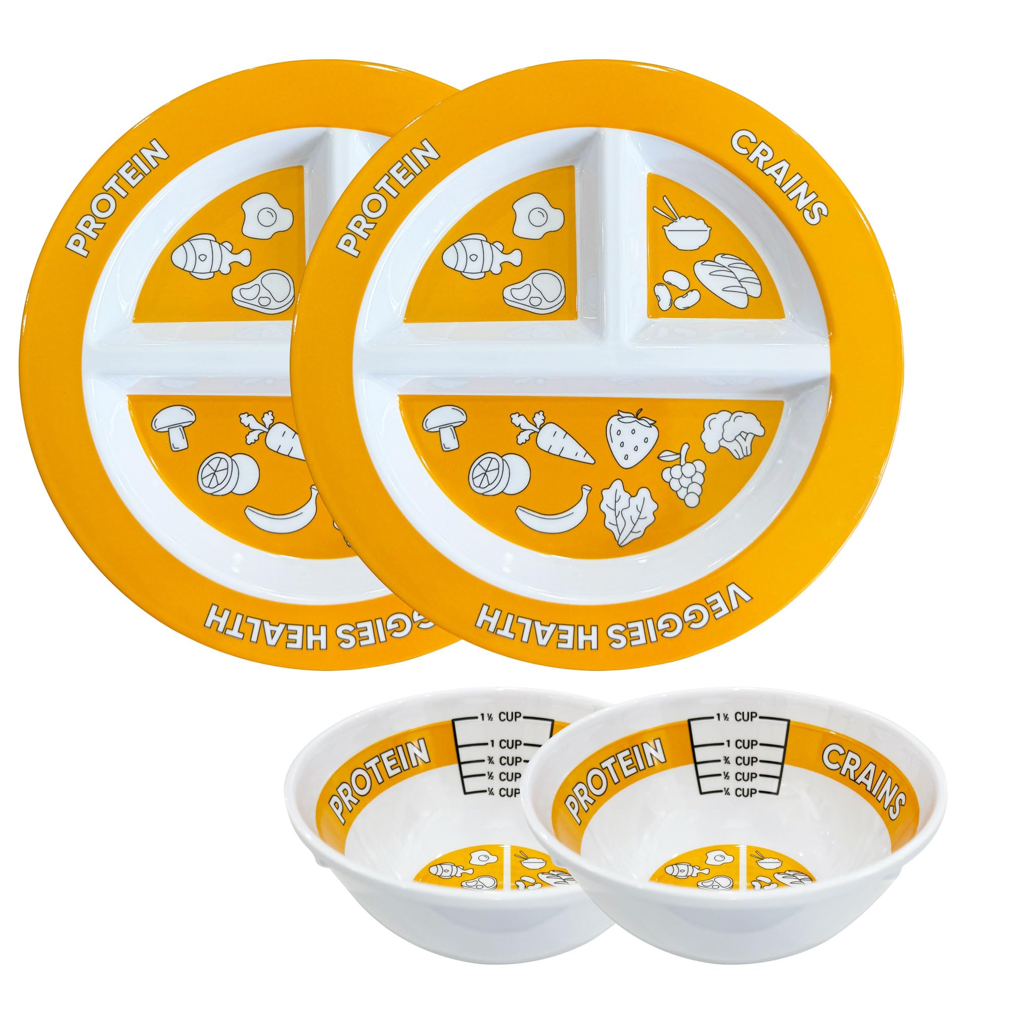 4PCS Divided Portion Control Dinner Plates & Bowls - Nutritional Mealware for Balanced Eating, Weight Loss & Bariatric Diet | Protein/Grains/Veggies Sections, 9 Inch