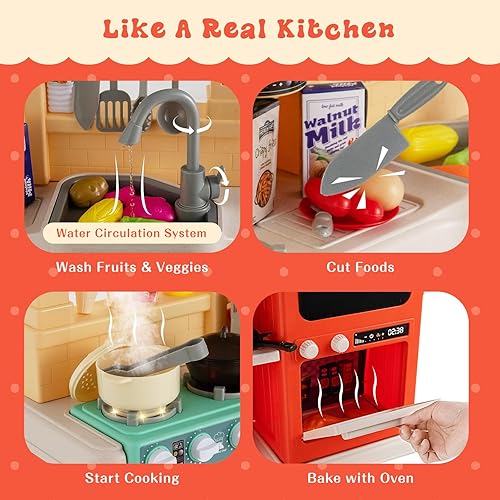 Miniatura 8 de HONEY JOY Juego de cocina para niños, cocina grande de plástico con luces y sonidos realistas, música, función de agua corriente y vapor, 69