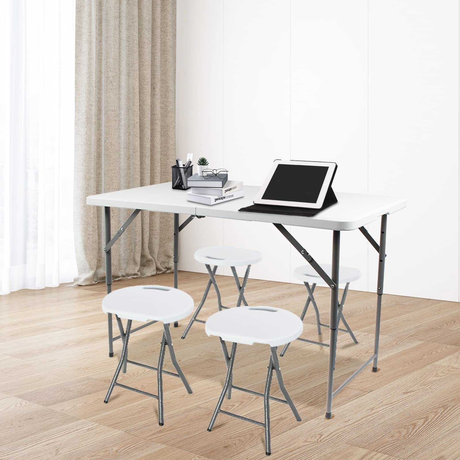Todeco Tabouret Pliant pour Camping avec Poignée, 4 Pièces Max: 200 kg | Conception portable et antidérapante, Plus robustes, Utilisations multiples Blanc 33x29x46cm
