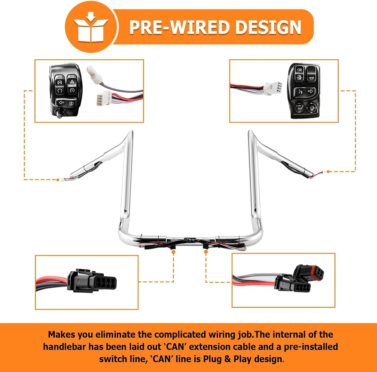Mofun 14" Ape Hangers Pre-wired Handlebars 1 1/4" Compatible with Harley Touring Street Glide Electra Tri Glide Ultra Limited with Batwing Fairing 2014-2023, Chrome