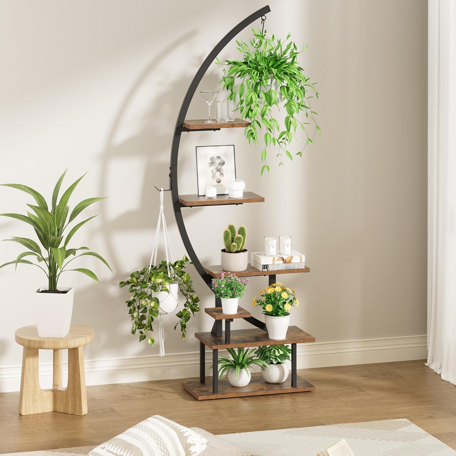 GREENSTELL Plant Stand with Grow Lights, Half Moon 7 Tiered Metal Plant Shelf, Multiple Tier Curved Ladder Flower Pot Stand Display Rack for Indoor Living Room Patio Garden Balcony Brown (1 Pack)