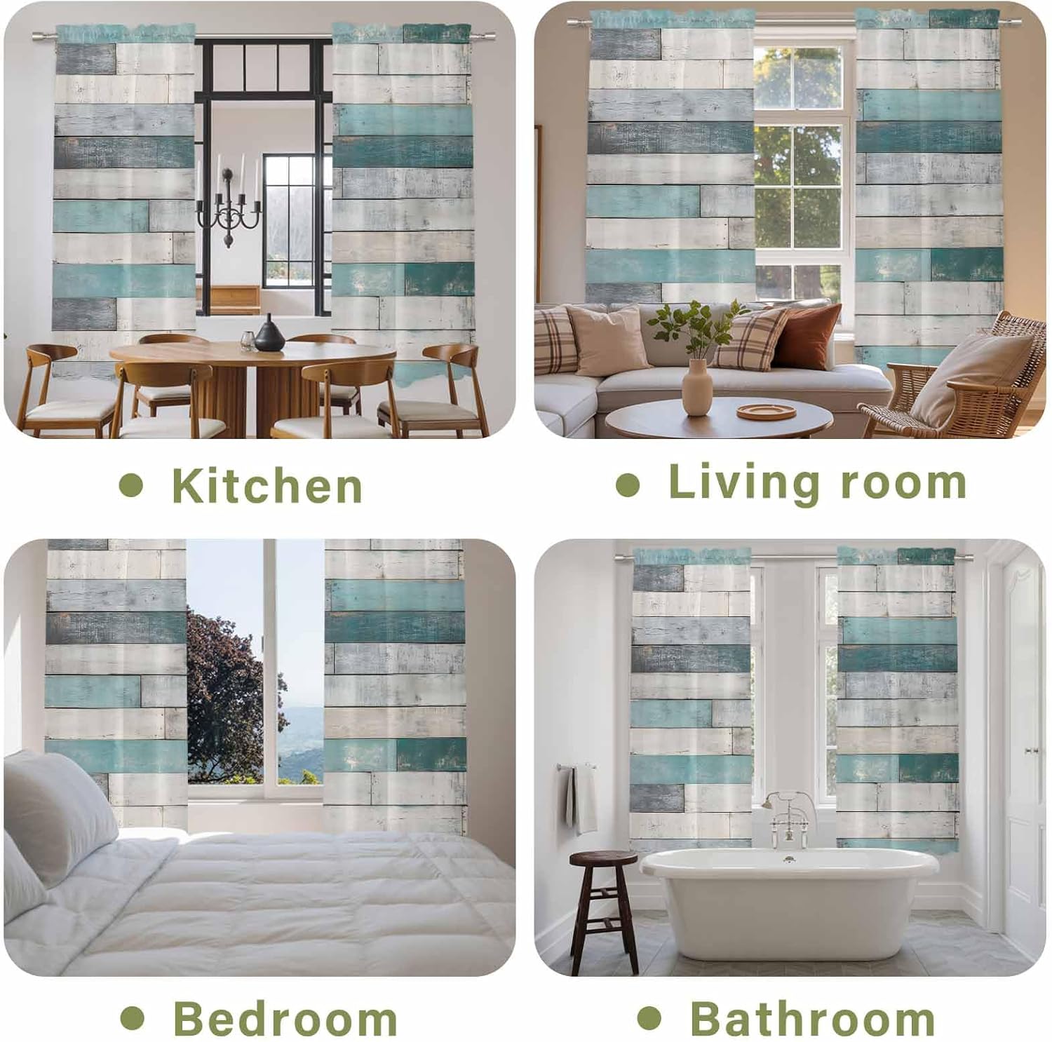 Turquoise Grey Wooden Kitchen Curtains, Farmhouse Teal Wood Light Filtering Window Curtain Panels, 2Pcs Rod Pocket Window Treatments Set for Living Room Bathroom Bedroom 52x72 Inches